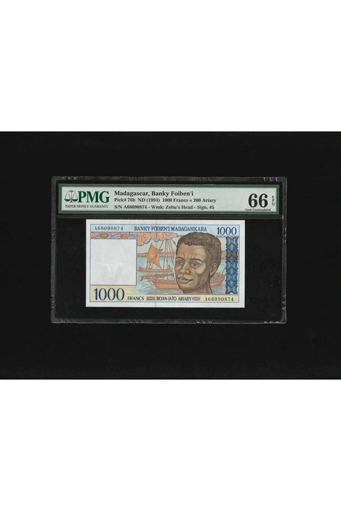 Madagascar 1000 Francs P 76b ND (1994) PMG 66 EPQ GEM UNC ÇİL SN A68090874