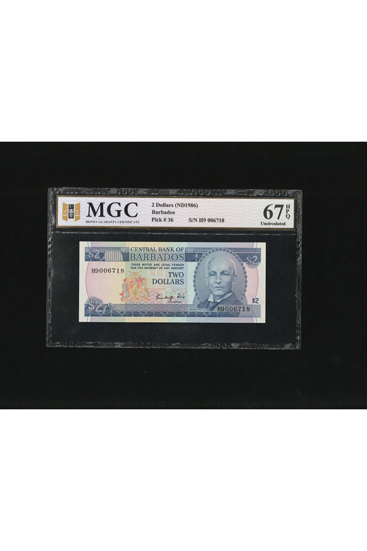 Barbados 2 Dollars ND 1986 MGC 67 P36 SN H9 006718 HPQ (EPQ) UNC ÇİL
