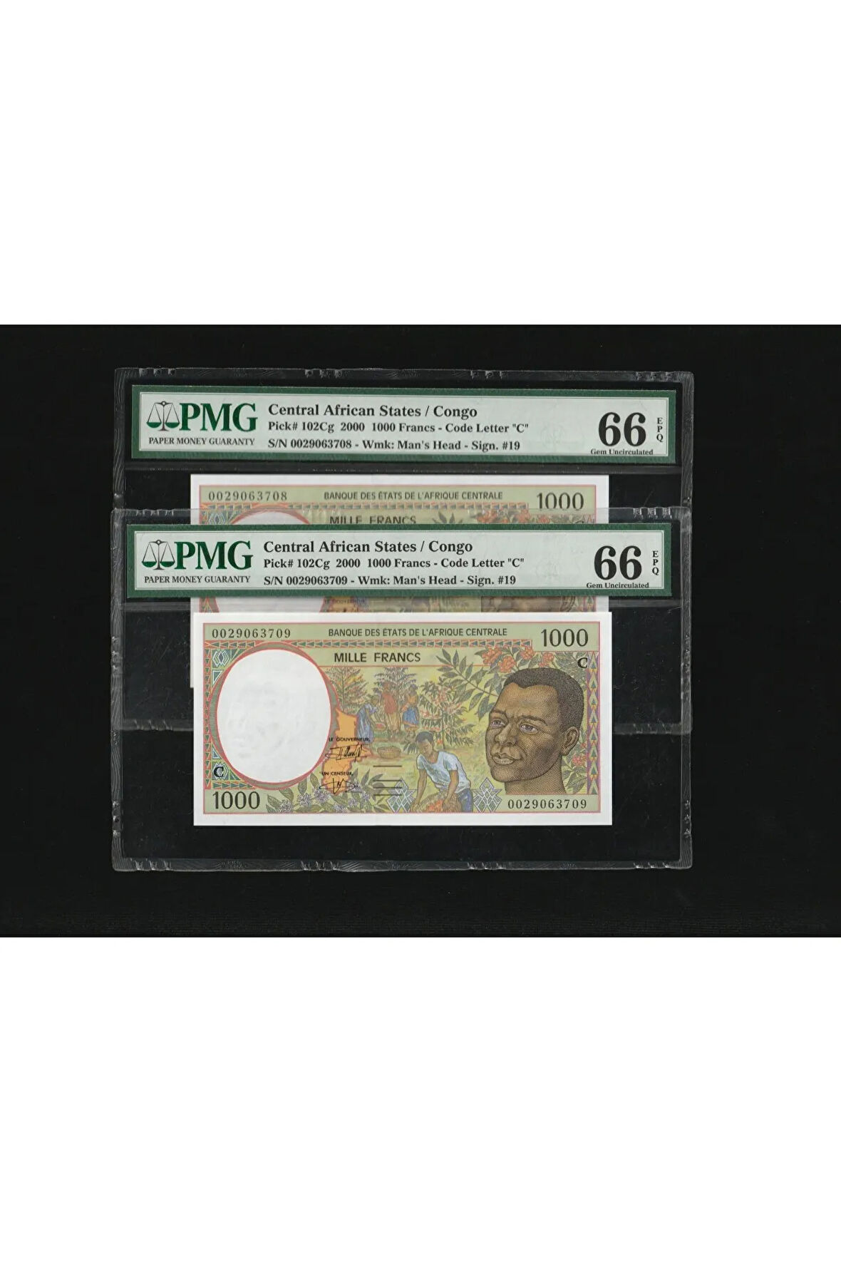 2 Adet Congo Central African States 1000 Francs Frank SERİ Takipli P 102Cg PMG 66 EPQ GEM UNC ÇİL