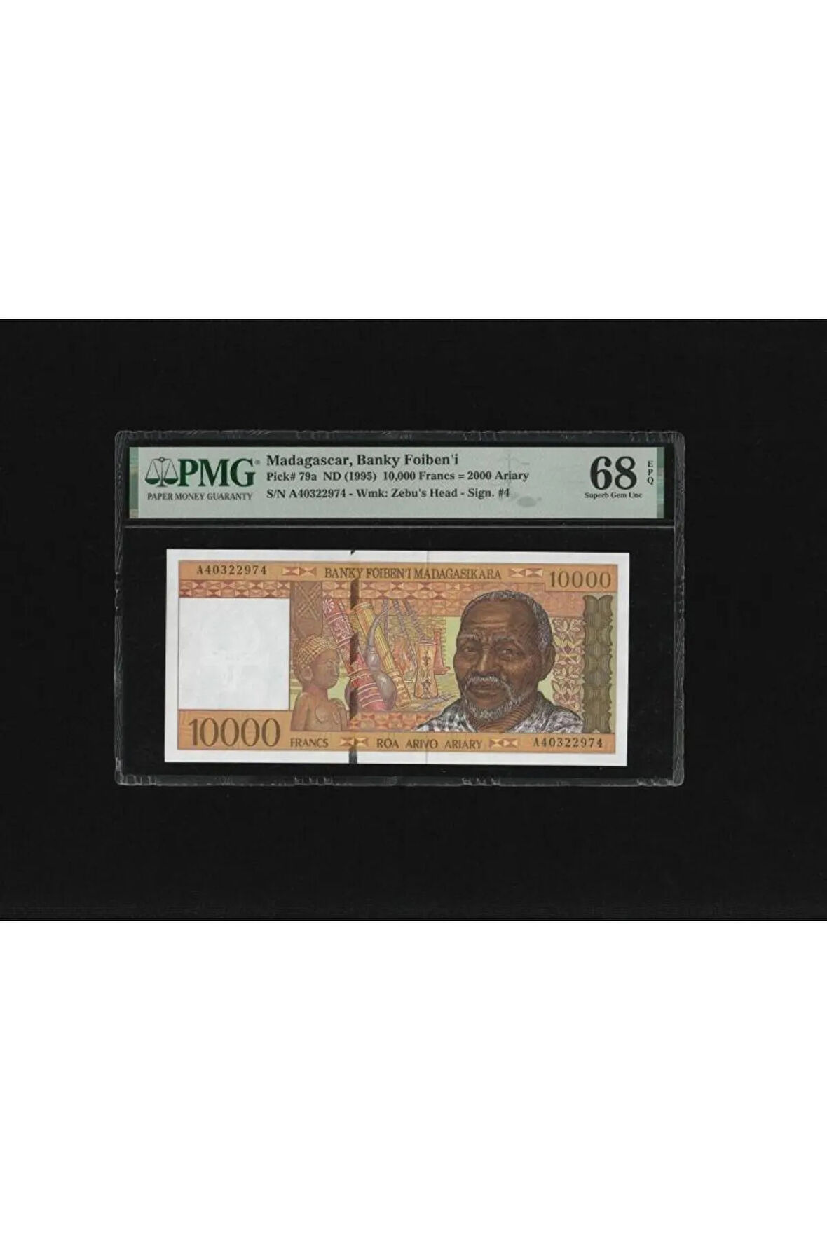Madagaskar Madagascar Banky Foiben'i 10.000 Francs Frank P79a ND (1995) PMG 68 EPQ SUPERB GEM UNC Ç