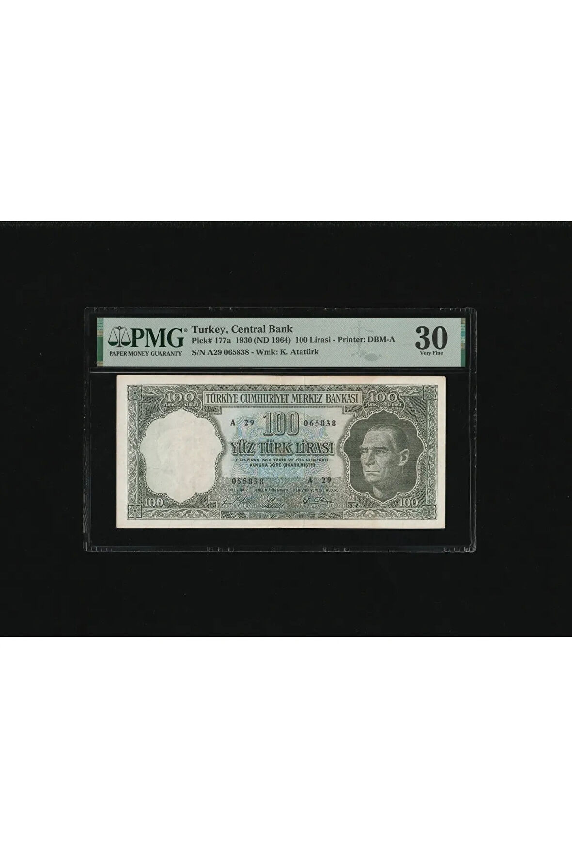 PMG 30 Yüz Türk Lirası 100 TL 1930 (ND 1964) P 177a *** S/N A29 065838*** ÇT- Çok Temiz
