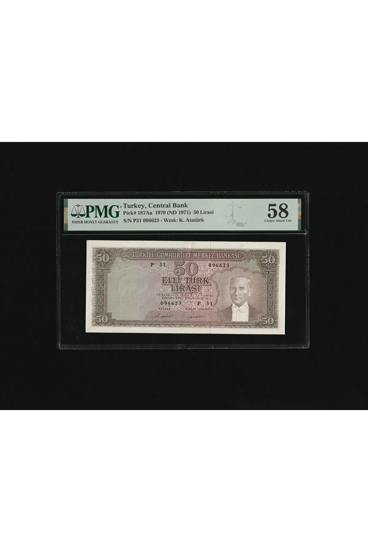 PMG 58 ELLİ Türk Lirası 50 TL 1970 (ND 1971) P 187Aa S/N P31 096623 5. EMS 7. T ÇA