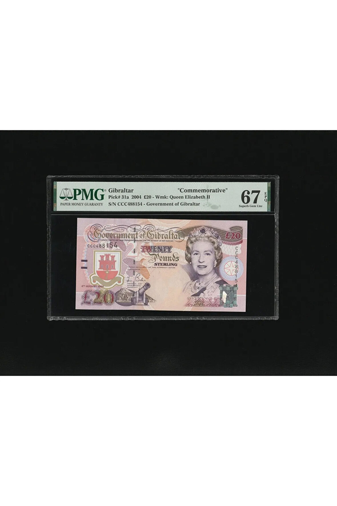 PMG 67 Puan EPQ SUPER GEM UNC Gibraltar Cebelitarık 20 Pound Pick 31a 2004 S/N CCC 488154 ÇİL