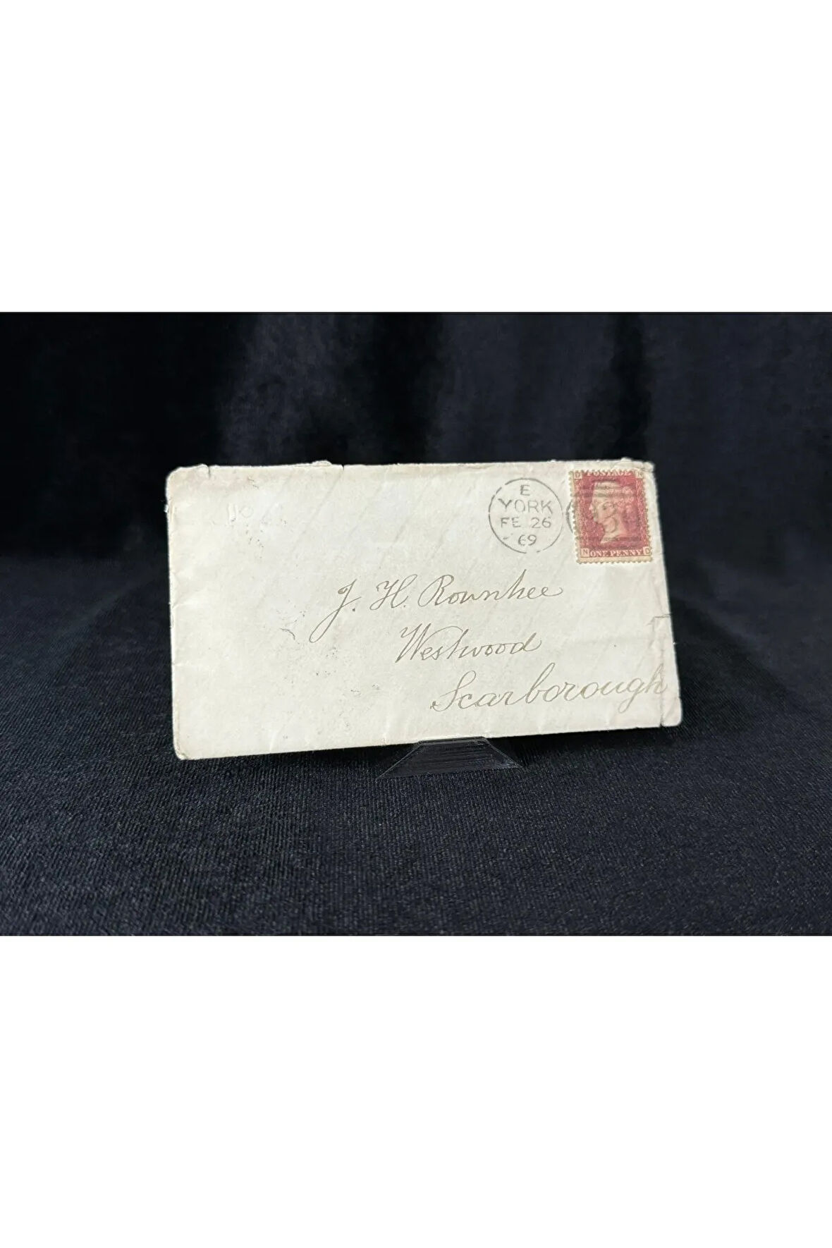 İngiltere Klasik Dönem 1869 Victoria Dönemi Red Penny Pullu Zarf postadan geçmiş Plate Number 110 H
