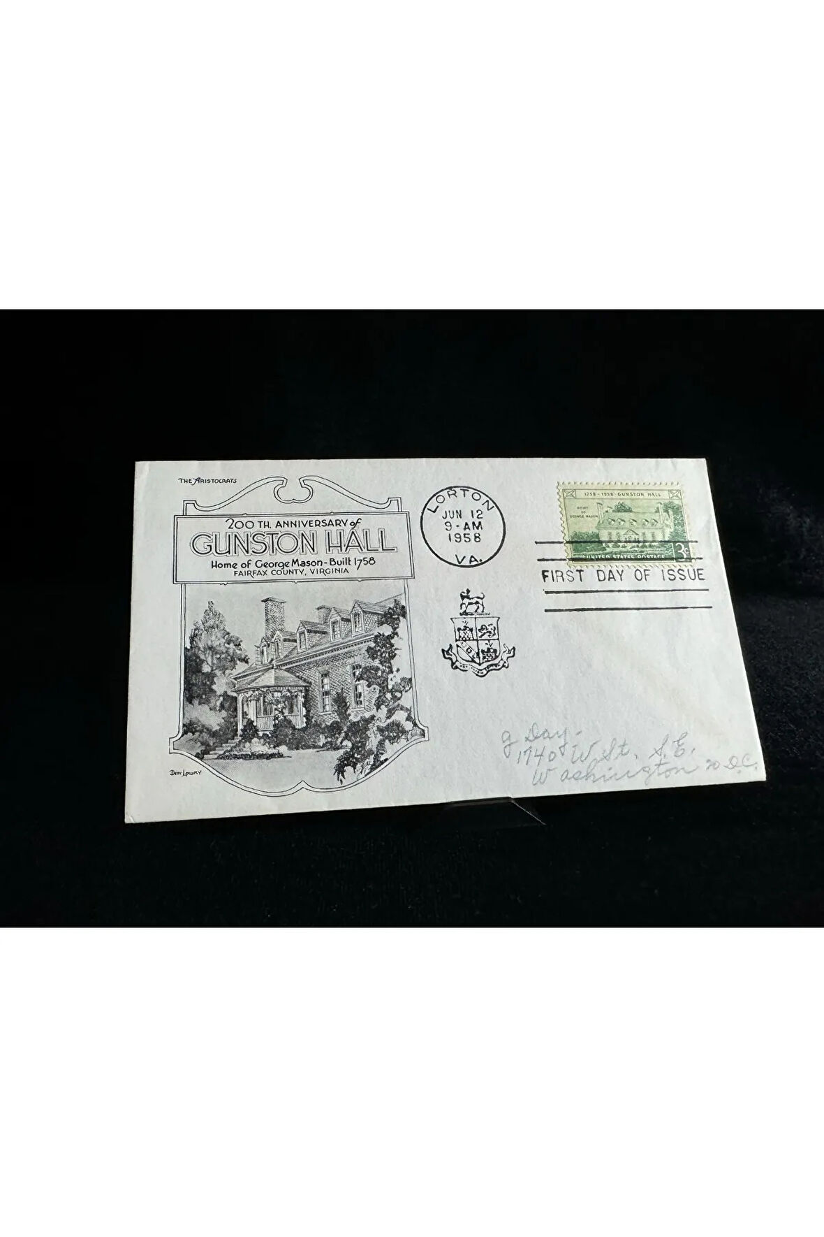1958 Amerika İlk Gün Zarfı USA3 #1108 ADDR ARISTOCRATS FDC Gunston Hall postadan geçmiş