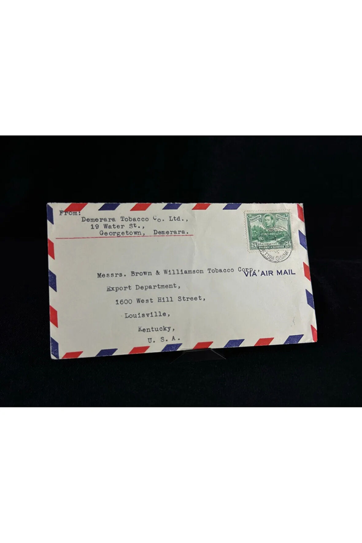 Uçak Postası Air Mail 1936 -1952 yılından British Guiana'dan Amerika'ya postalanmış 24 Cent Pullu