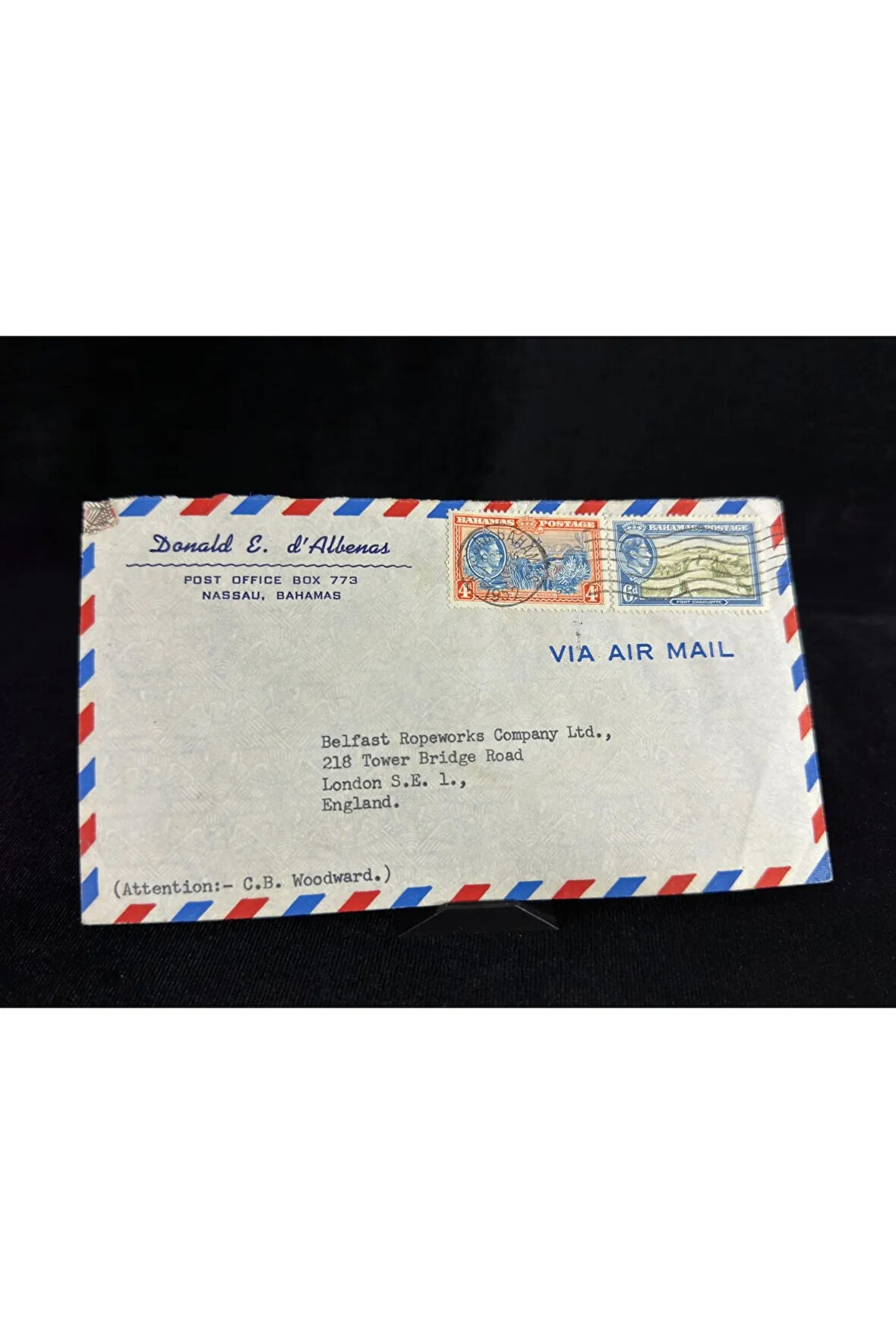 Uçak Postası Air Mail 1952 yılında Bahama'lardan İngiltereye postalanmış 4d ve 6d Cent Pullu
