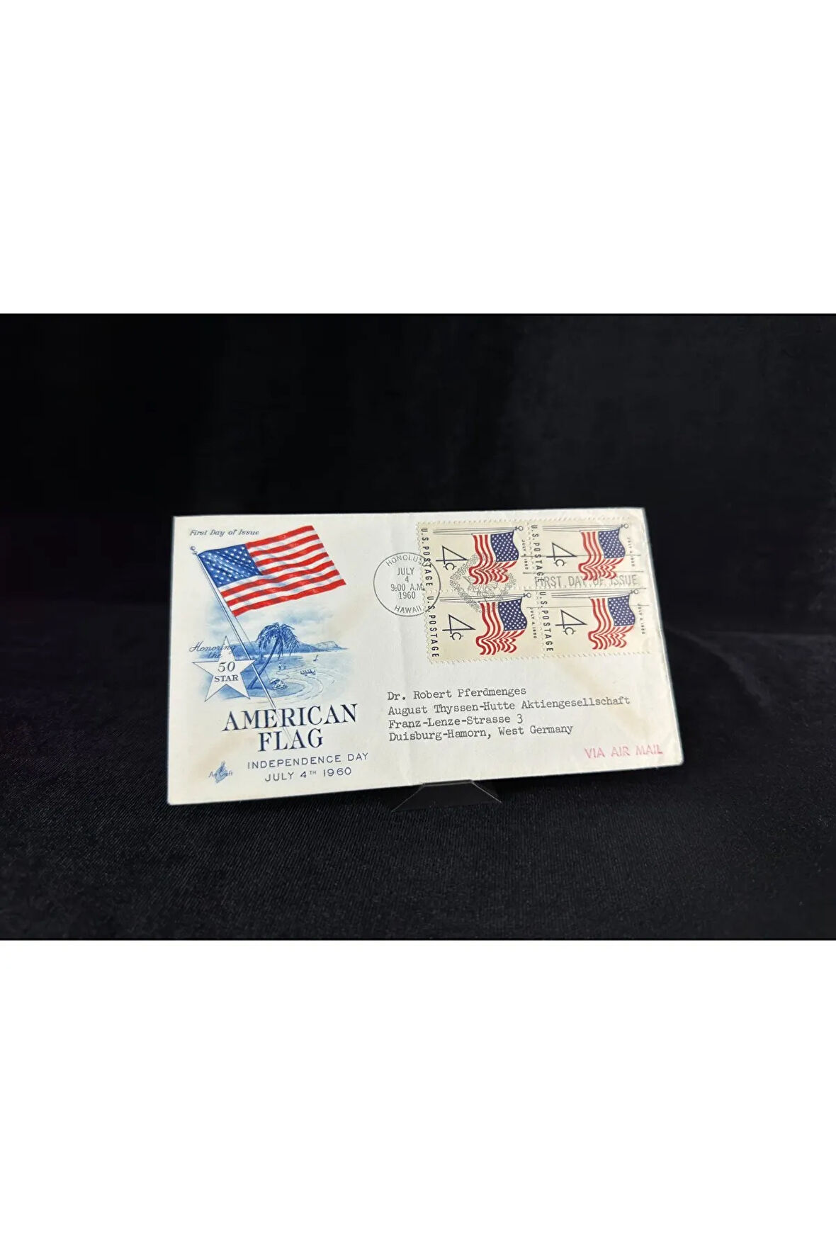 4th July 1960 FDC İlk Gün Zarfı 50 yıldız Amerikan Bayraklı dörtlü Block Pullu Air Mail Uçak Postas