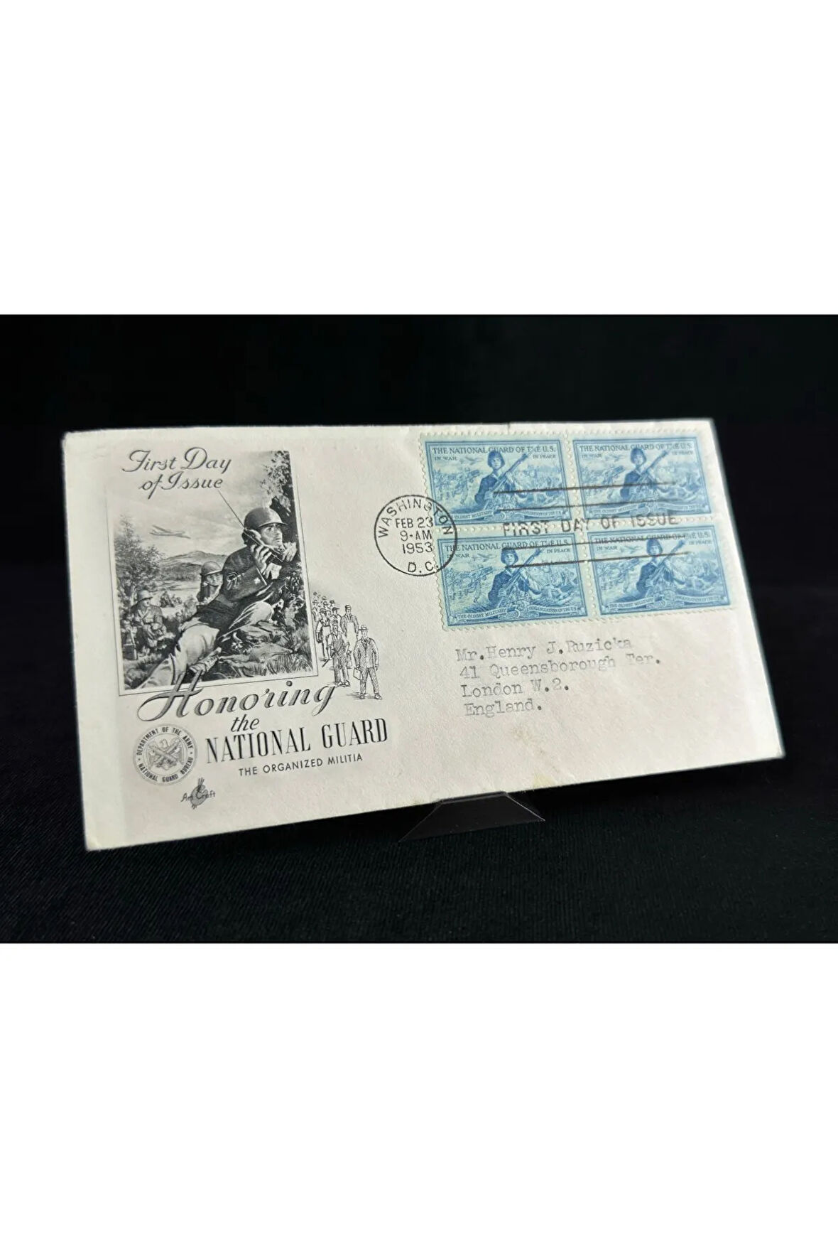 1953 FDC İlk Gün Zarf Honoring the National Guard USA Amerika'dan İngiltere'ye postalanmış dörtlü B