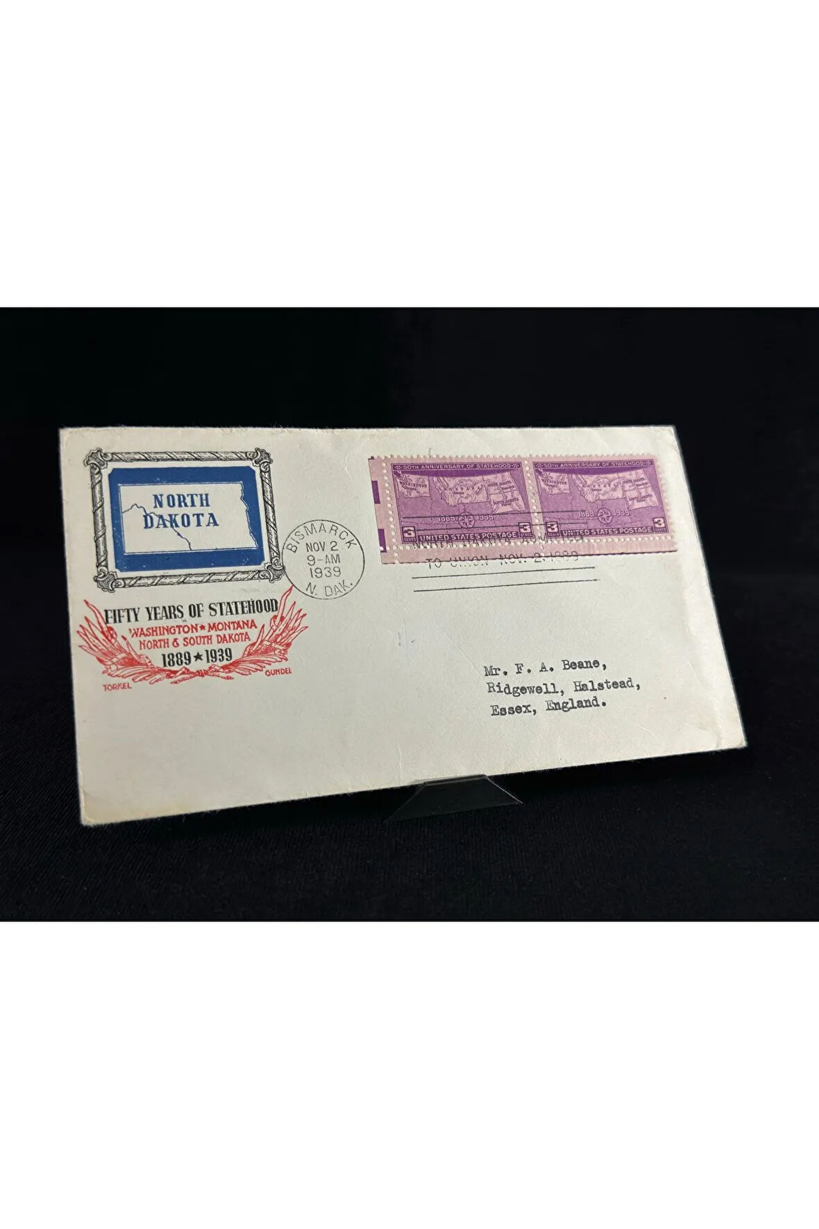 1939 USA FDC AMERİKA N ORTH DAKOTA İlk Gün Zarfı