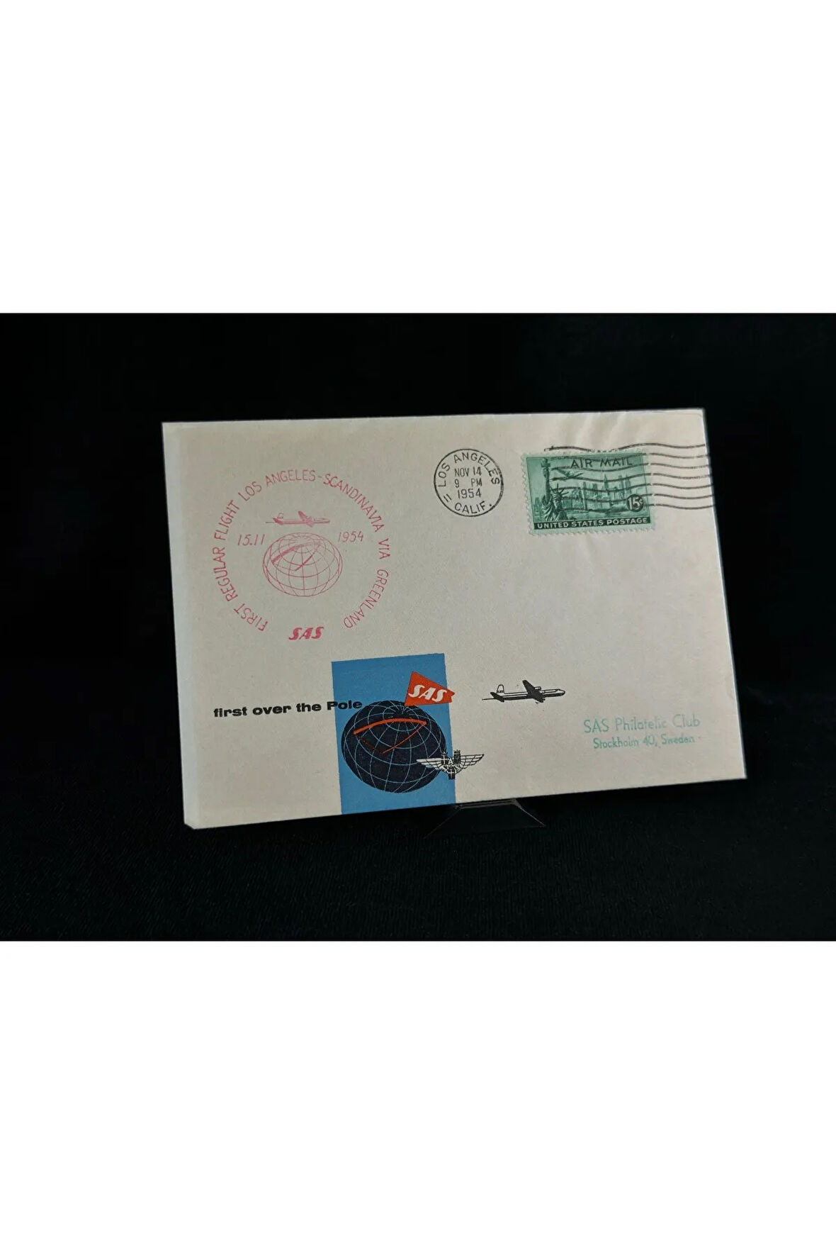1954 Amerika'dan İskandinavya'ya İlk Uçuş İlk Gün Zarf FDC varış Damgalı Uçak Postası Airmail
