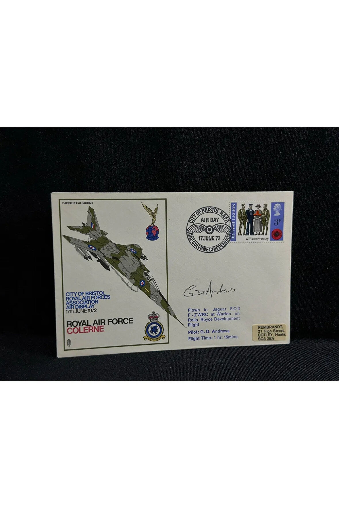 1972 İngiltere Kraliyet Hava Kuvvetleri RAF COLERNE ROYAL AİR FORCE FDC İlk Gün Zarfı Islak İmzalı