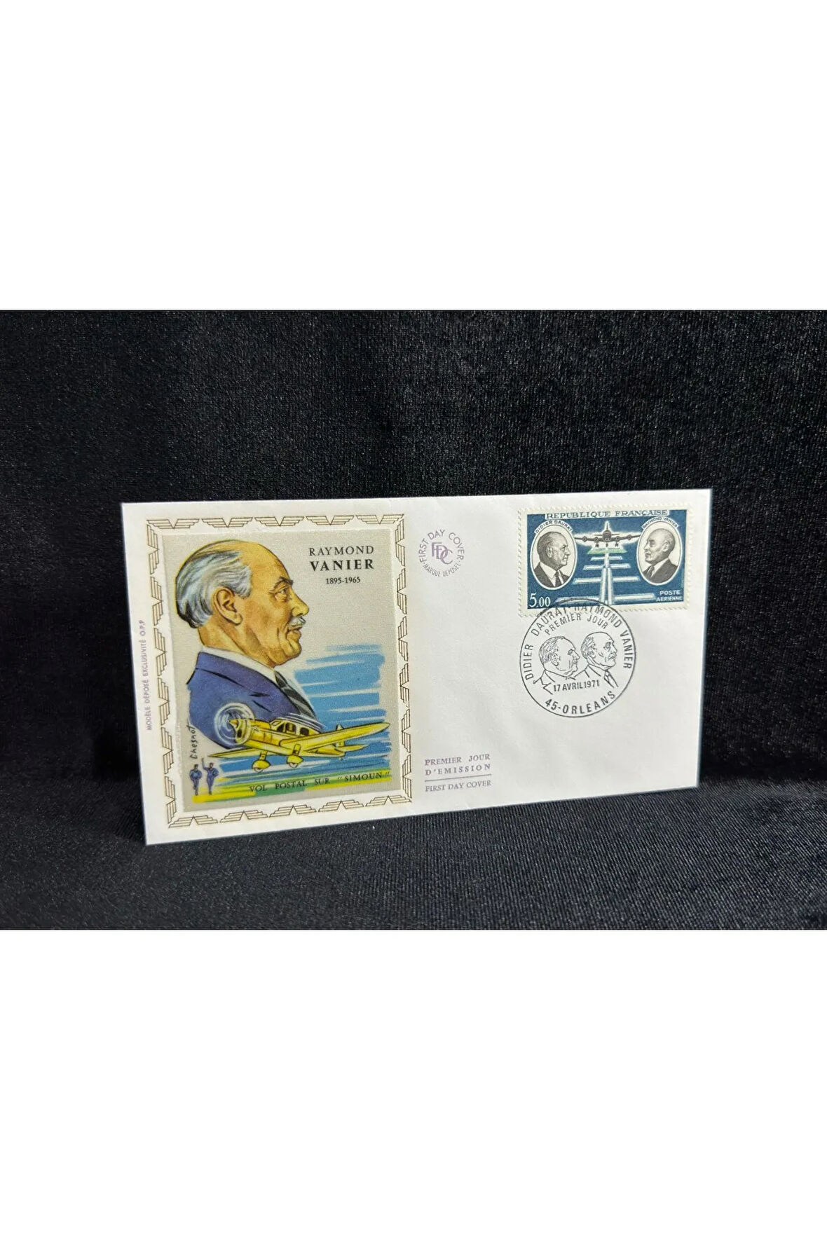 1971 Fransa FDC İlk Gün Zarfı Raymond Vernier Premier Uçak temalı İpek Baskı