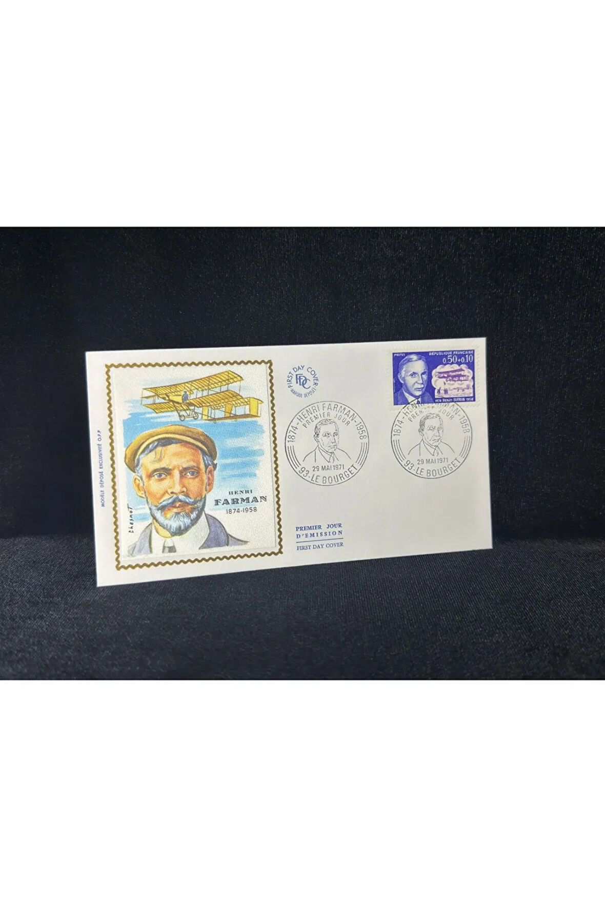 1971 Fransa İlk Gün Zarfı Pilot Henri Farman Premier Uçak temalı İpek Baskı France FDC