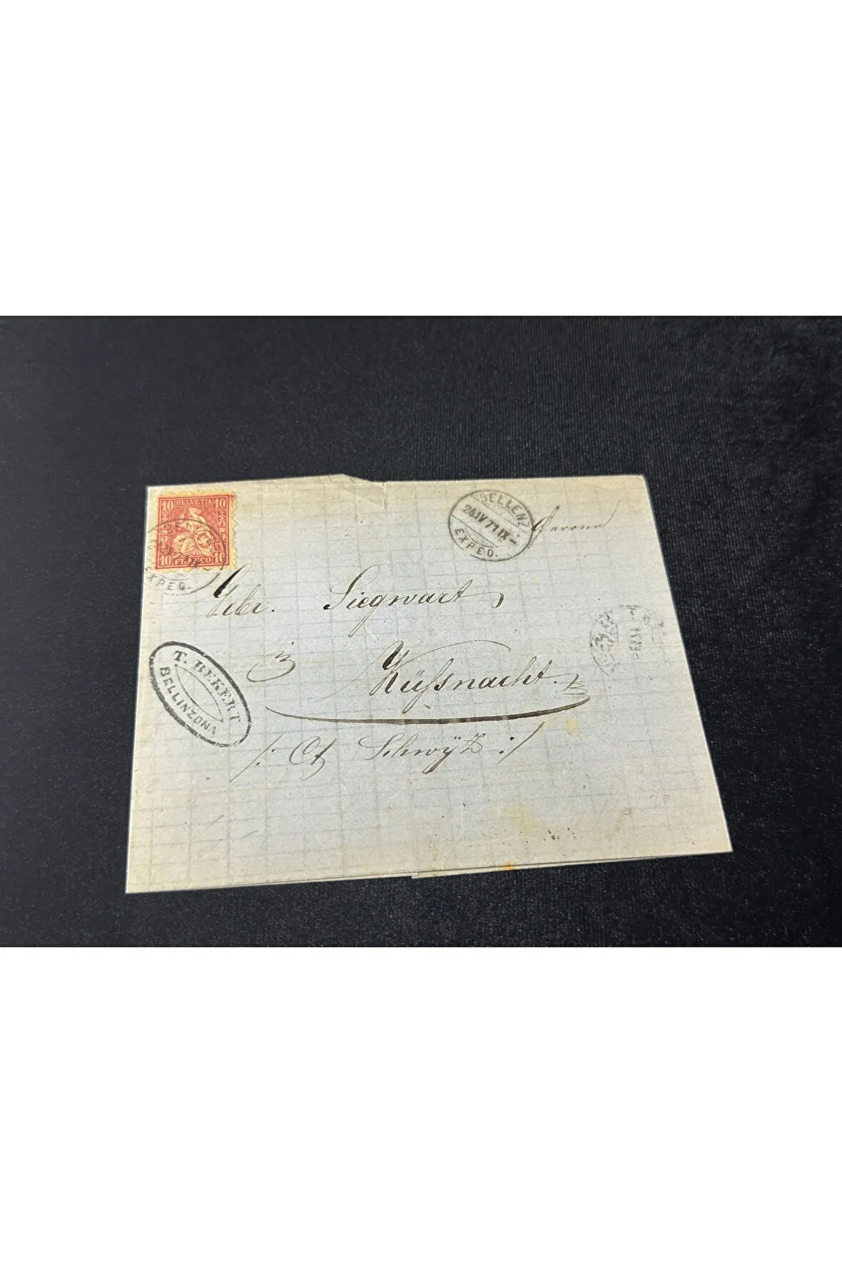 1871 yılından İsviçre Zarfsız Mektup Helvetia 10 Franco Pullu SC# 53 varış Damgalı