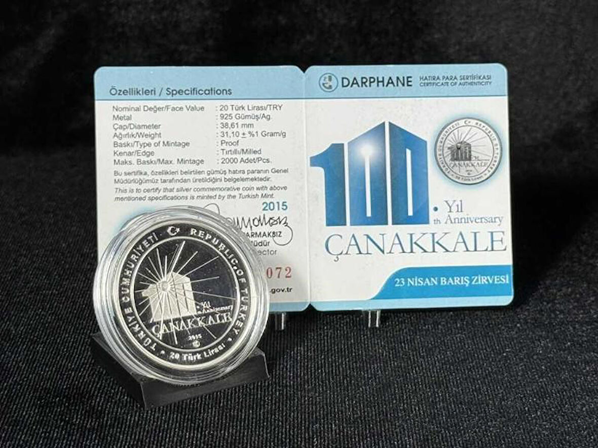 Darphane 23 Nisan 100.Yıl Çanakkale Barış Zirvesi Gümüş Hatıra Para Çil Sertifikalı 2015