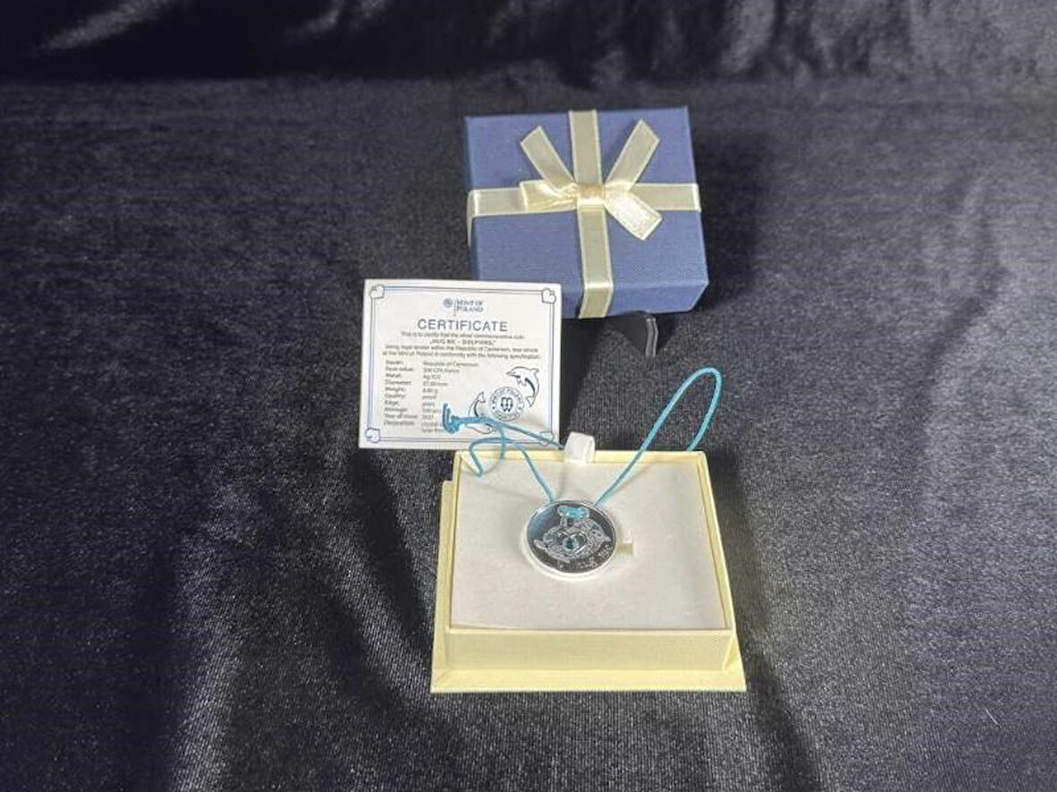 Cameroon 500 Francs 2021 – Hug me Dolphins with Sertifikalı ve kutulu Kamerun Gümüş Hatıra Para