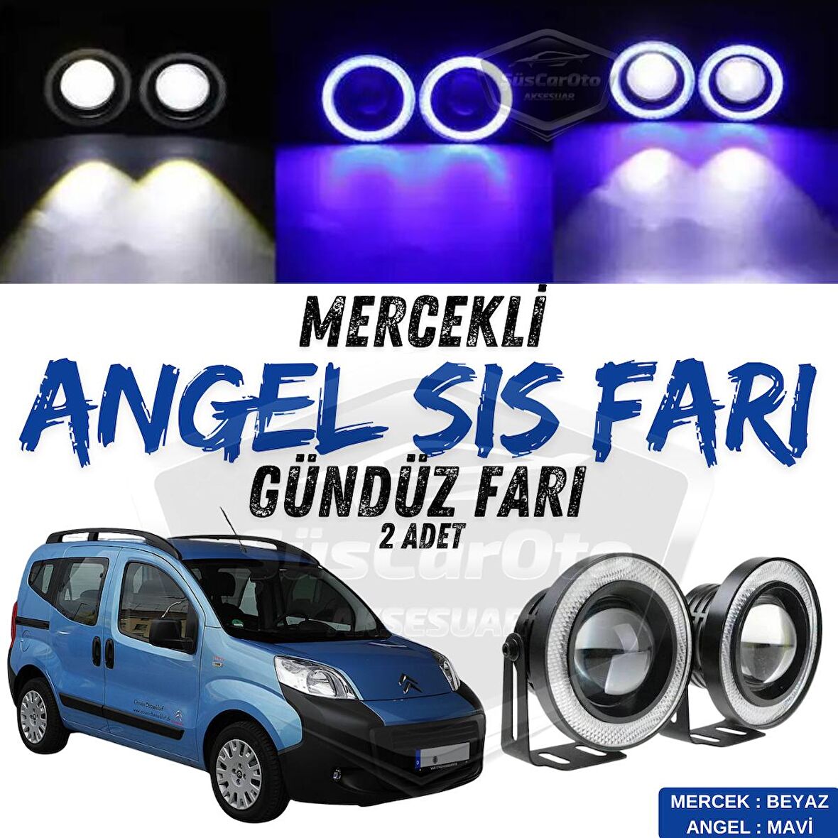 Citroen Nemo 2008-2022 Uyumlu Üniversal Mercekli Angel Sis Farı Metal Su Geçirmez 76 mm Mavi Halkalı Gündüz Farı Angel Eyes 2 Adet