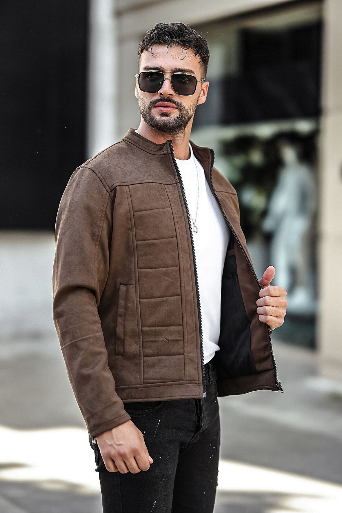 Erkek Su ve Rüzgar Geçirmez Slim Fit Astarlı Mevsimlik Süet Ceket