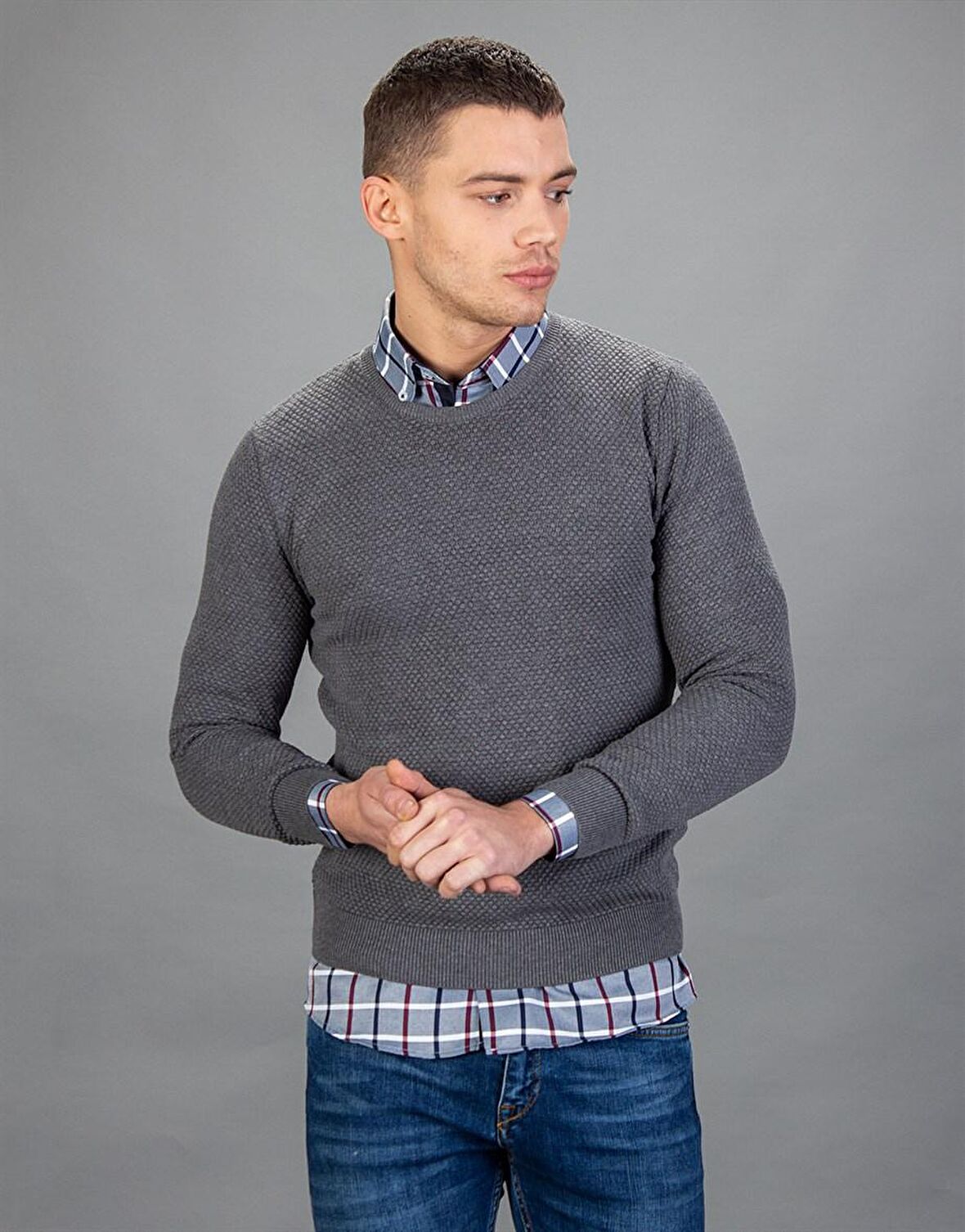 Tudors Slim Fit Dar Kesim Bisiklet Yaka Petek Desenli Erkek Kazak