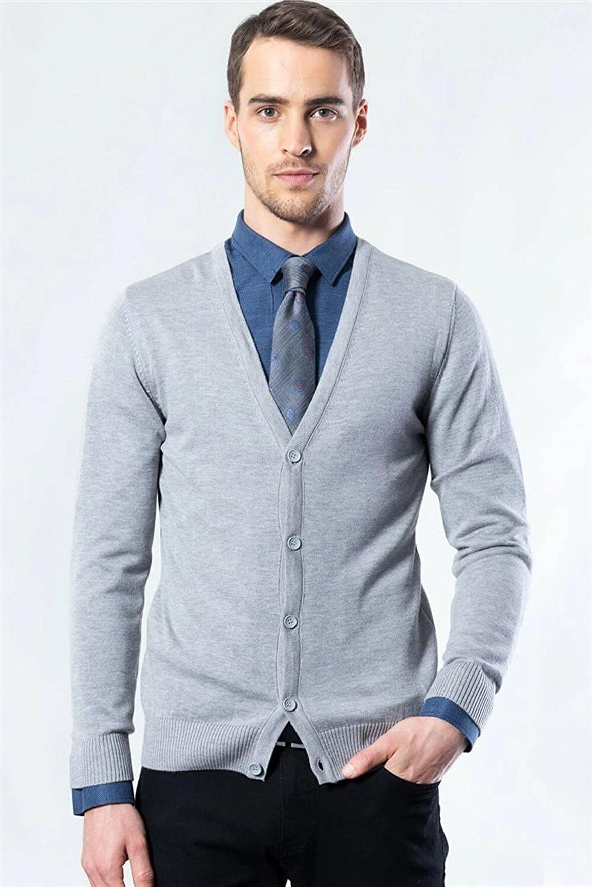 Tudors Slim Fit Dar Kesim Düğmeli Düz Pamuk Erkek Hırka