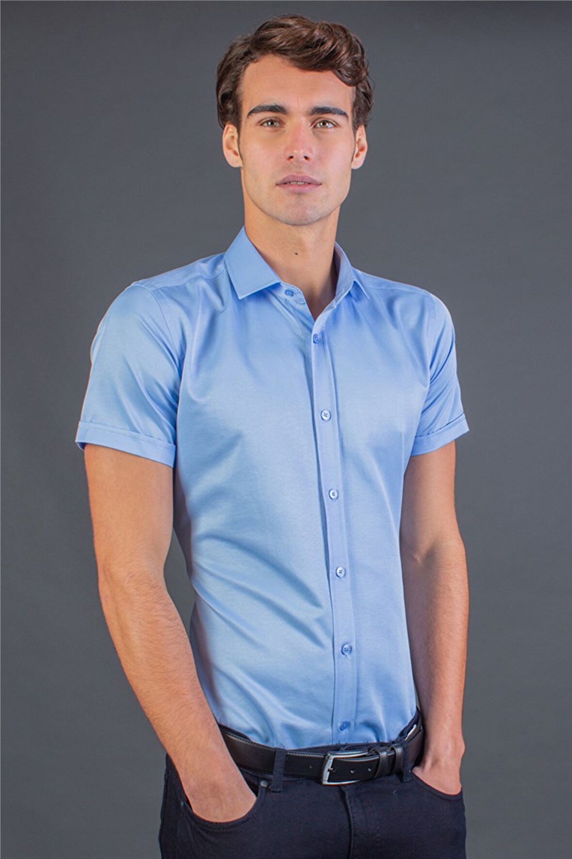 Modern Slim Fit Kısa Kollu Düz Saten Erkek Mavi Gömlek