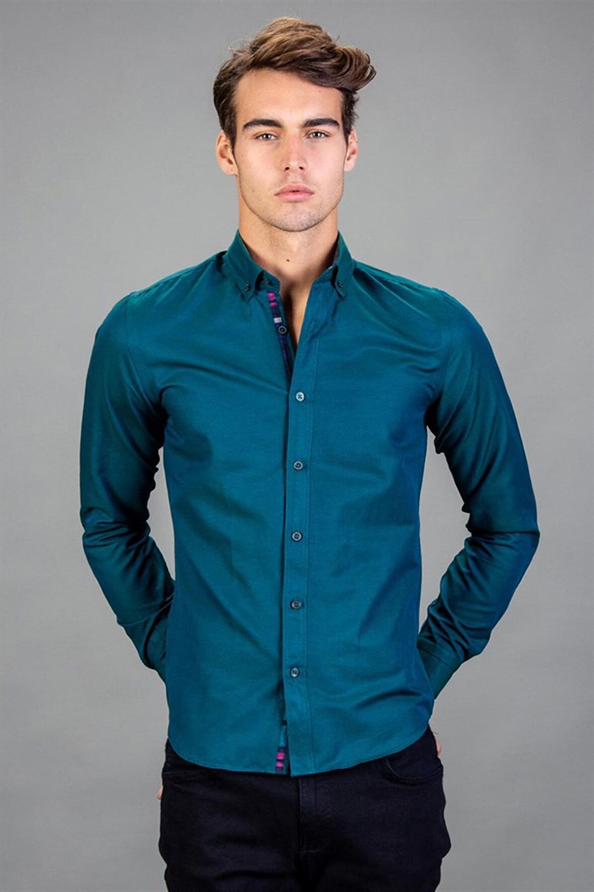 Tudors Slim Fit Dar Kesim Uzun Kol Poplin Oxford Erkek Gömlek