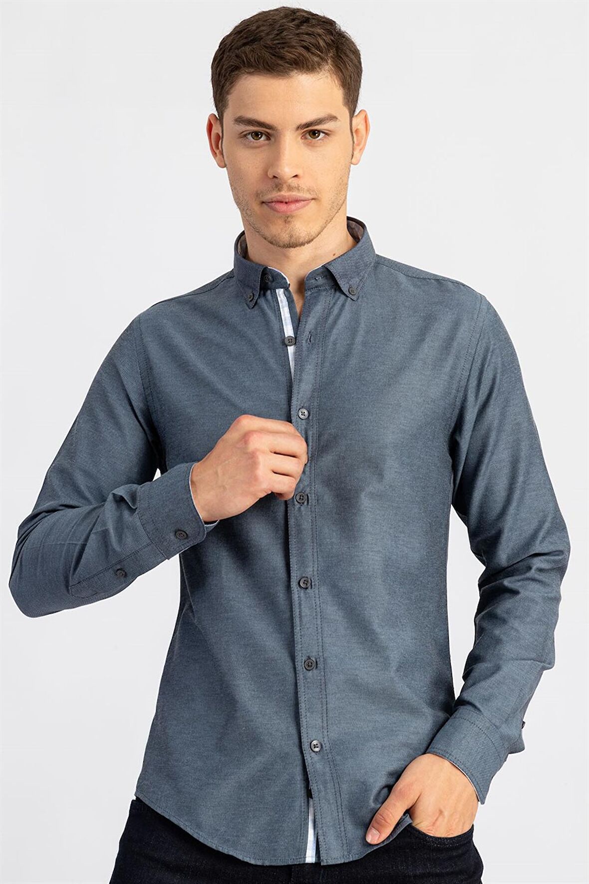 Tudors Slim Fit Dar Kesim Uzun Kol Poplin Oxford Erkek Gömlek