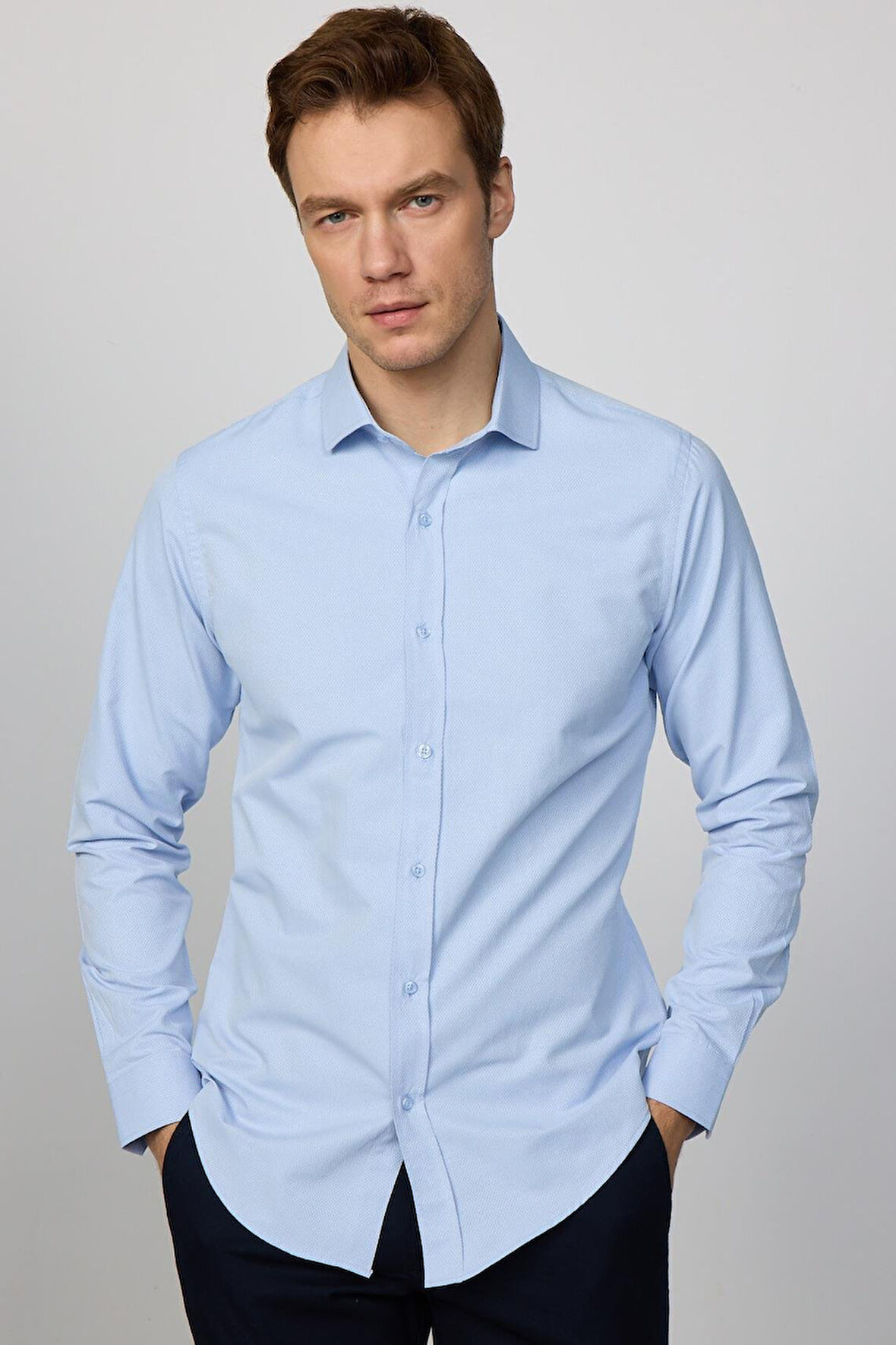 Slim Fit Uzun Kollu Pamuklu Kolay Ütü Armürlü Erkek Mavi Gömlek