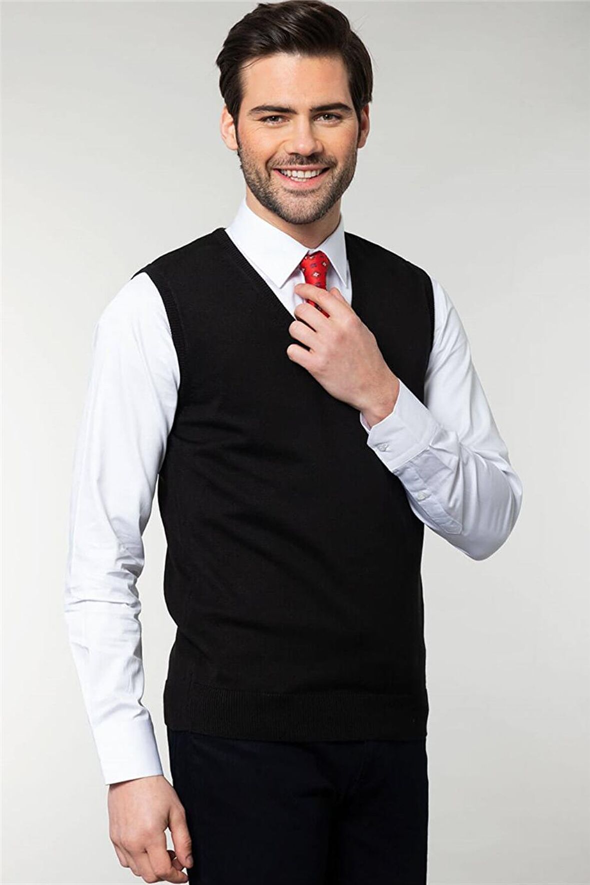 Tudors Slim Fit Dar Kesim V Yaka Kendinden Desenli Erkek Süveter