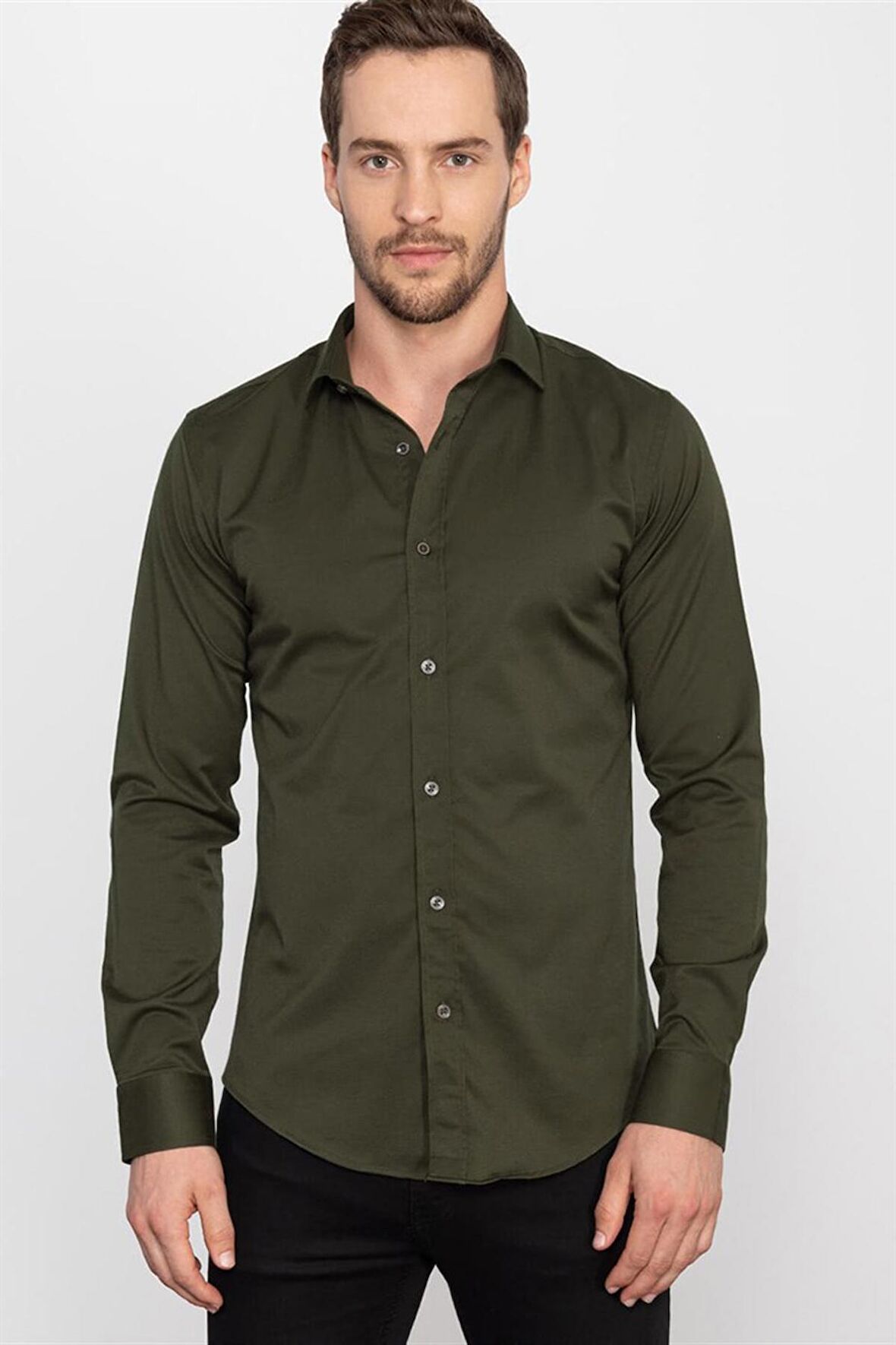 Tudors Slim Fit Dar Kesim Likralı Düz Saten Erkek Gömlek