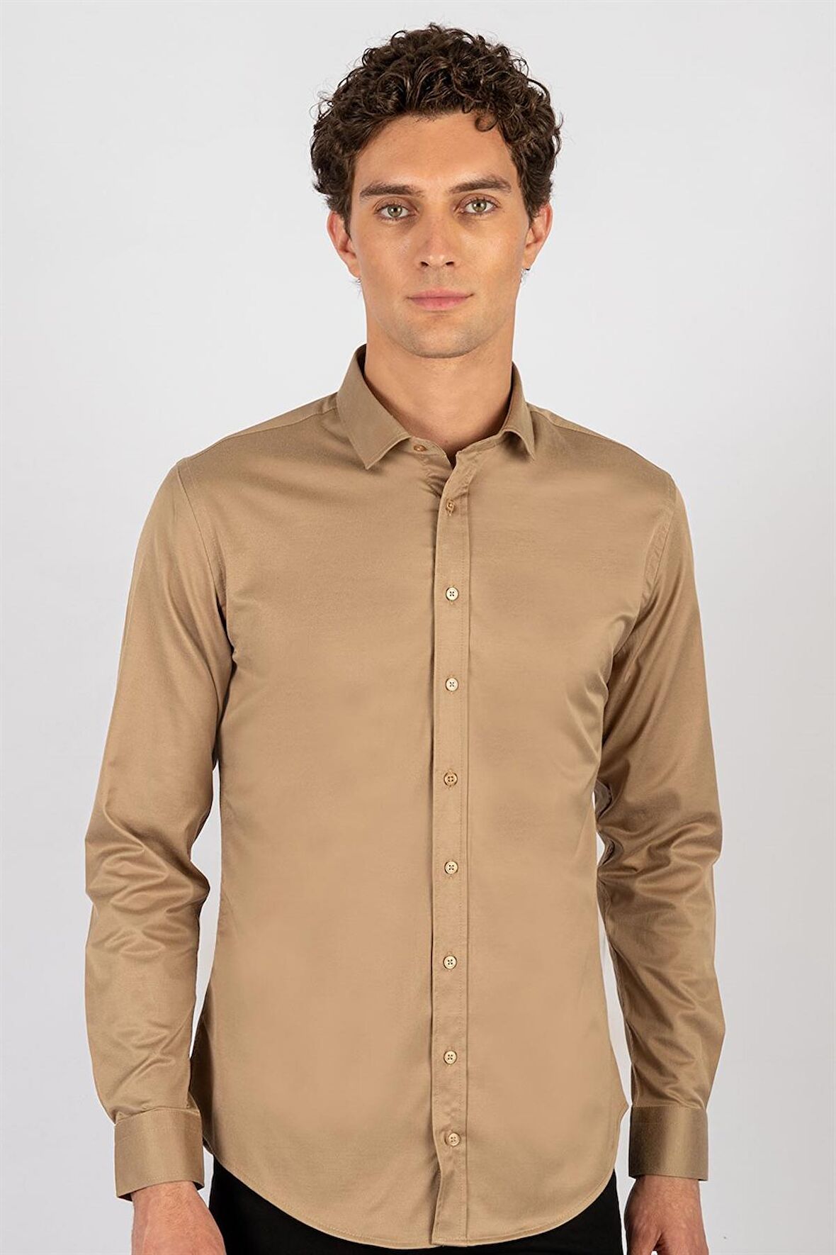 Tudors Slim Fit Dar Kesim Likralı Düz Saten Erkek Gömlek