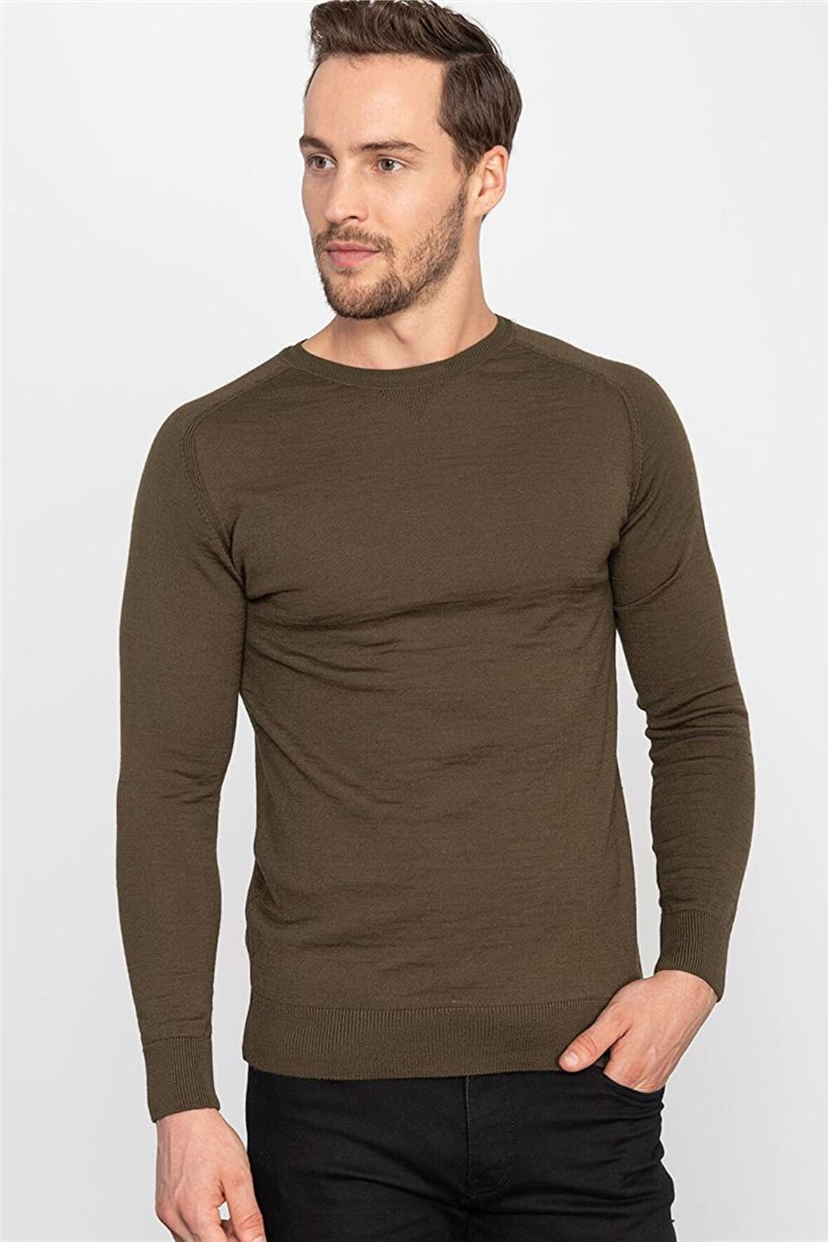 Tudors Slim Fit Dar Kesim Bisiklet Yaka Düz Yün Er