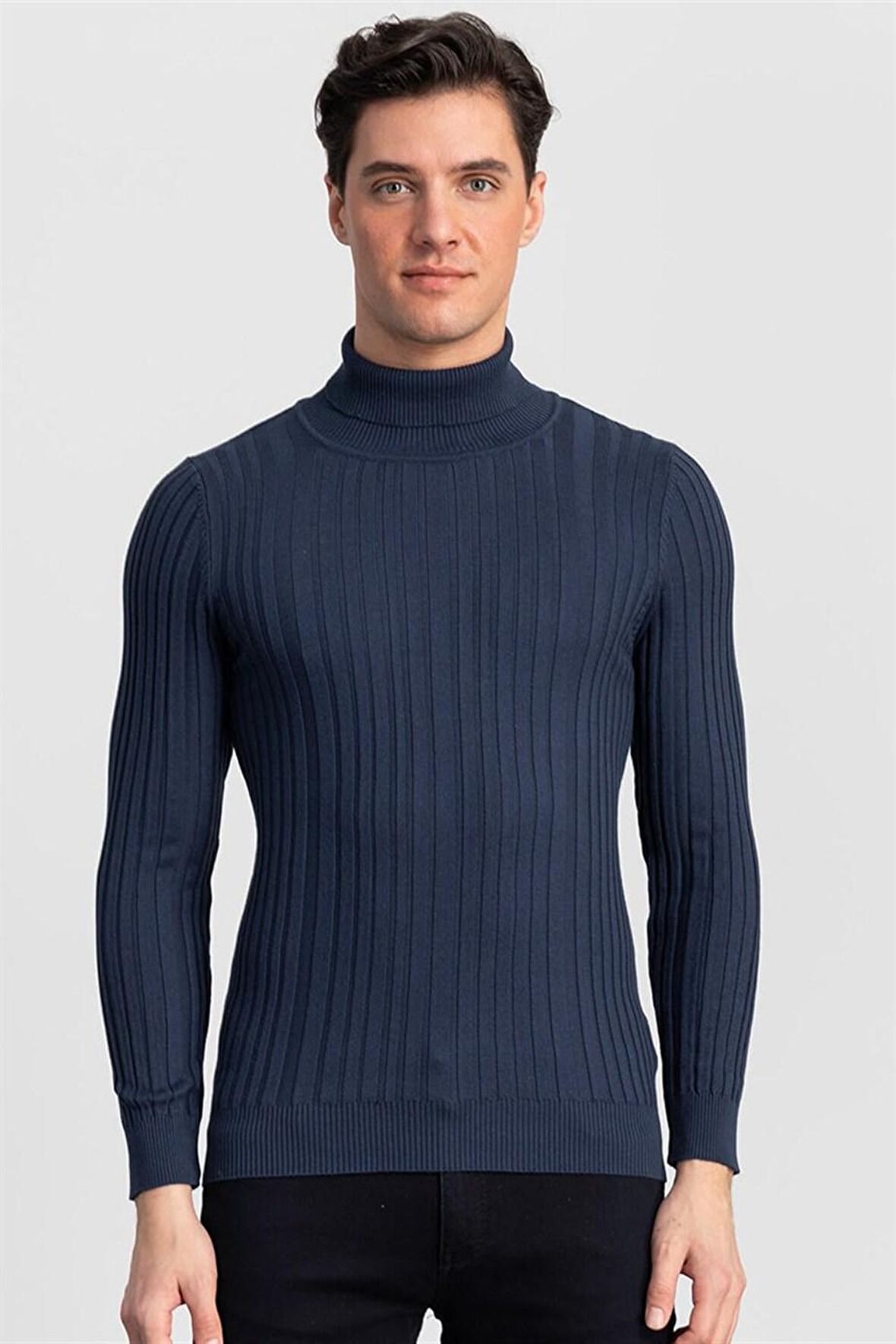 Tudors Slim Fit Dar Kesim Tam Balıkçı Yaka Kendinden Çizgili Erkek Kazak