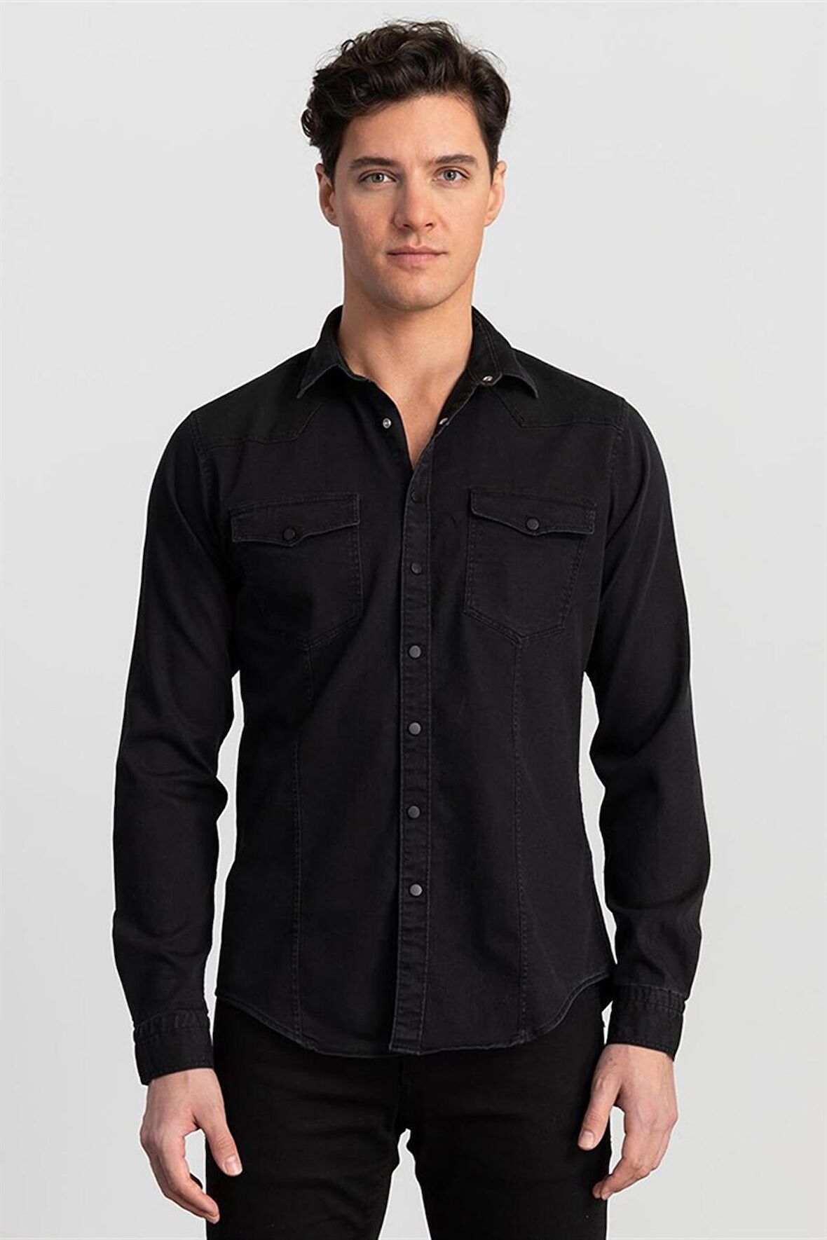 Tudors Slim Fit Dar Kesim Uzun Kol Erkek Kot Gömlek