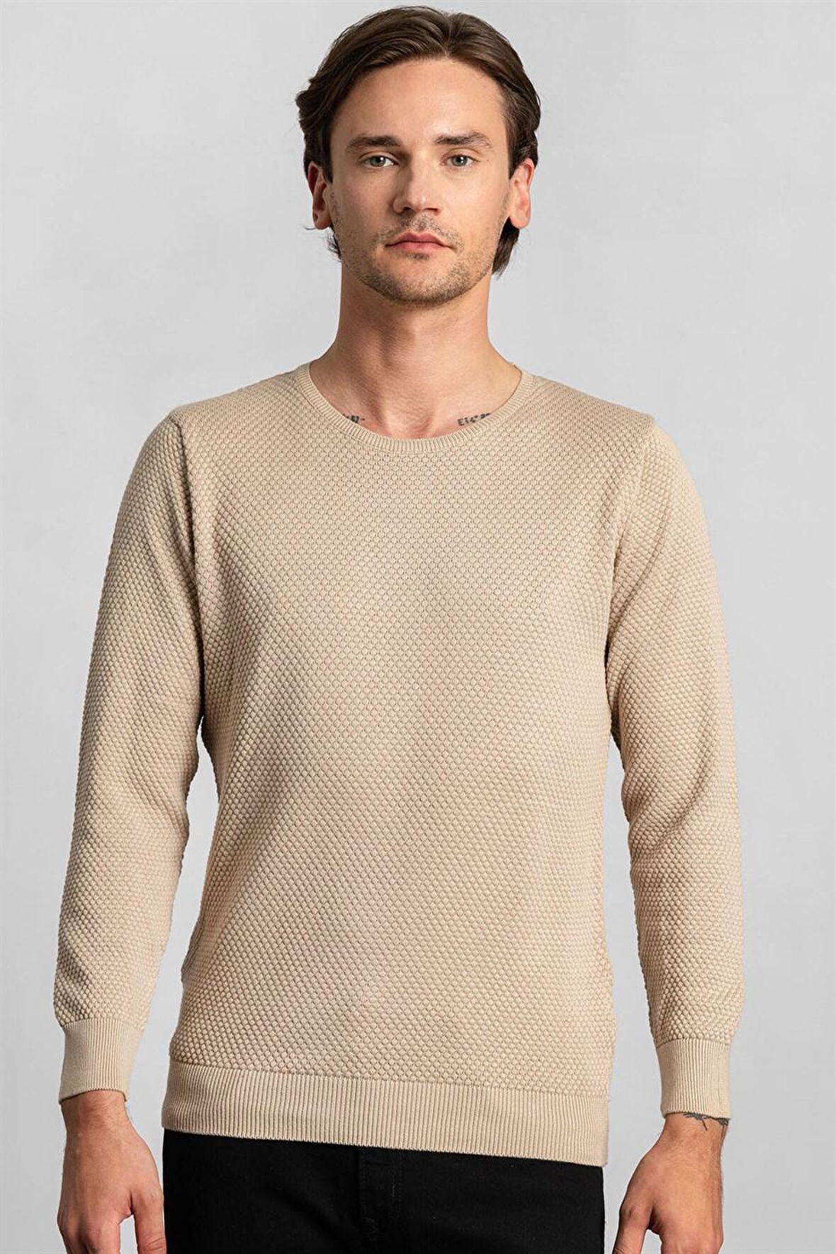 Tudors Slim Fit Dar Kesim Bisiklet Yaka Petek Desenli Erkek Kazak