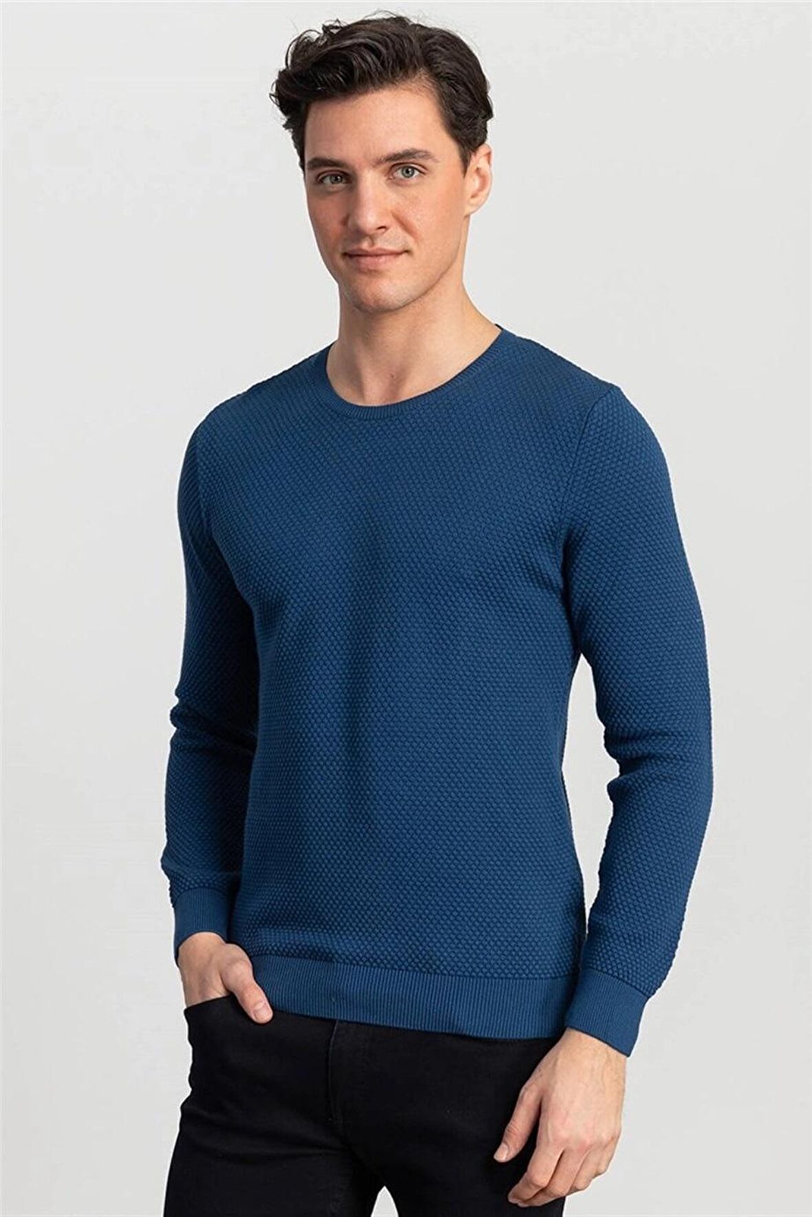 Tudors Slim Fit Dar Kesim Bisiklet Yaka Petek Desenli Erkek Kazak