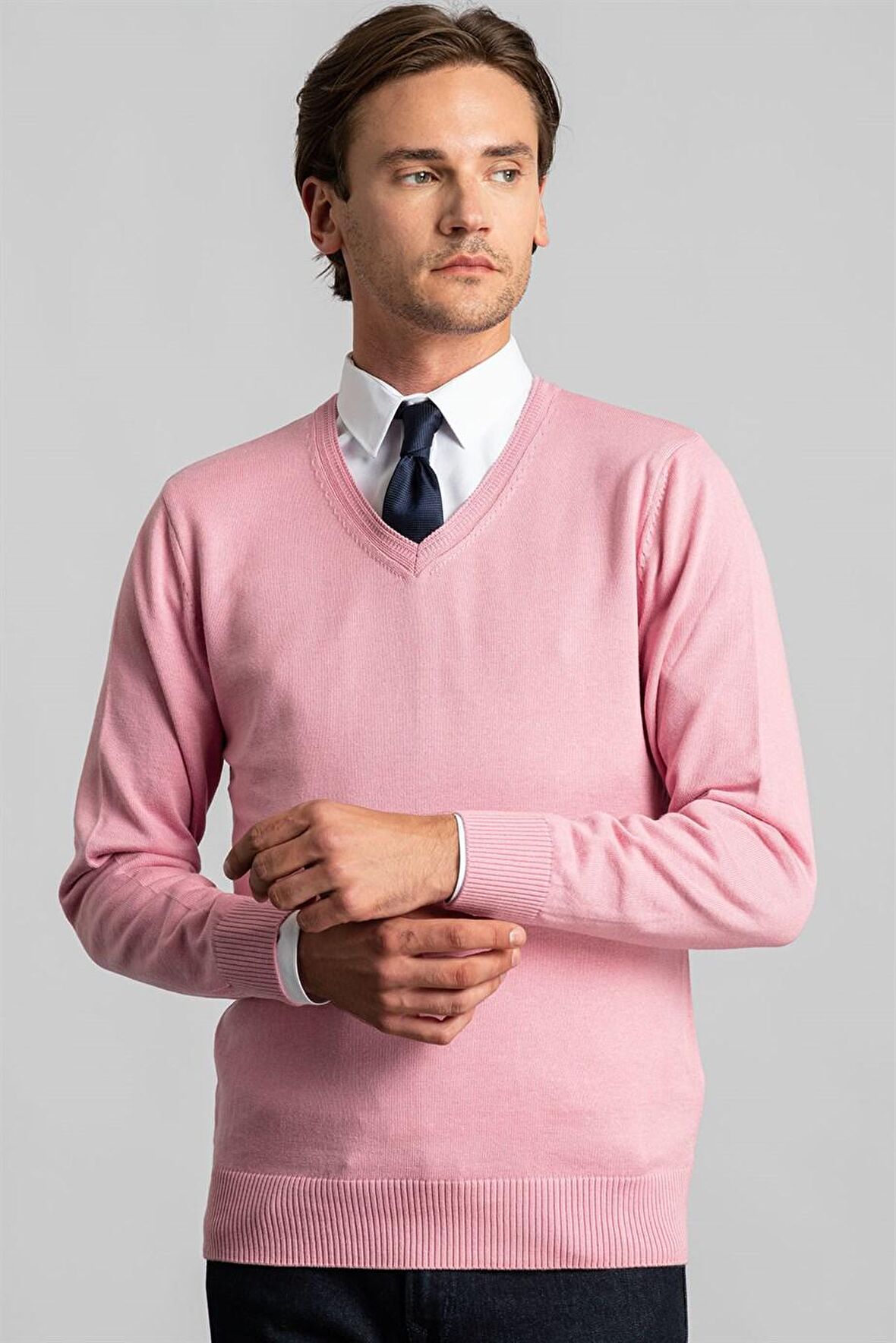 Tudors Slim Fit Dar Kesim V Yaka Pamuklu Erkek Kazak