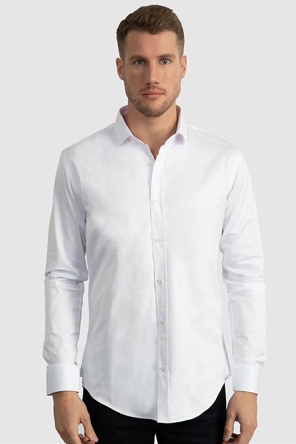 Tudors Slim Fit Dar Kesim Likralı Düz Saten Erkek Gömlek