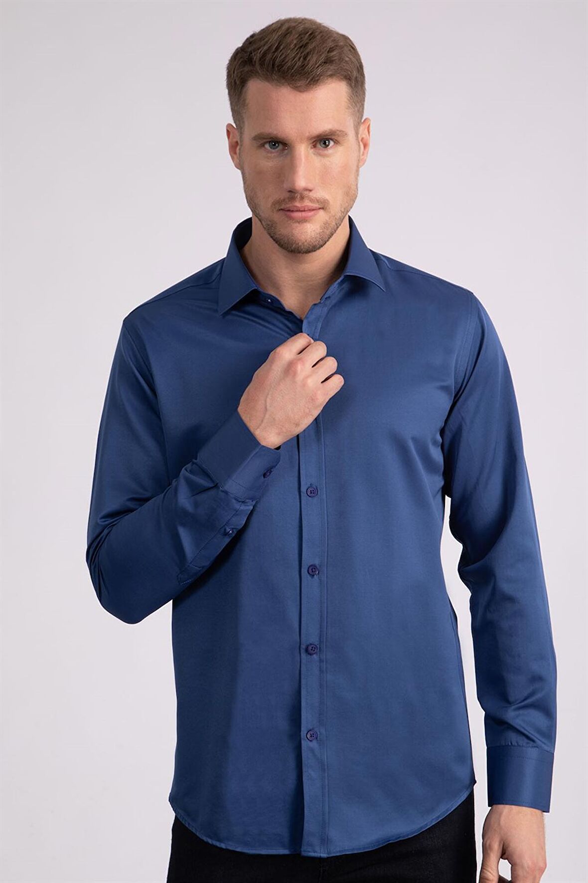 Tudors Modern Slim Fit Düz Saten Erkek Gömlek