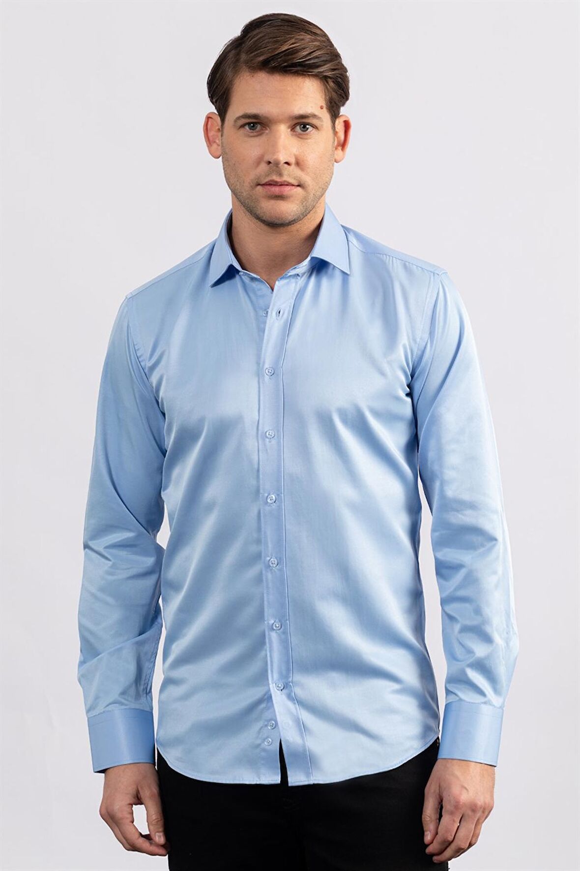 Tudors Modern Slim Fit Düz Saten Erkek Gömlek