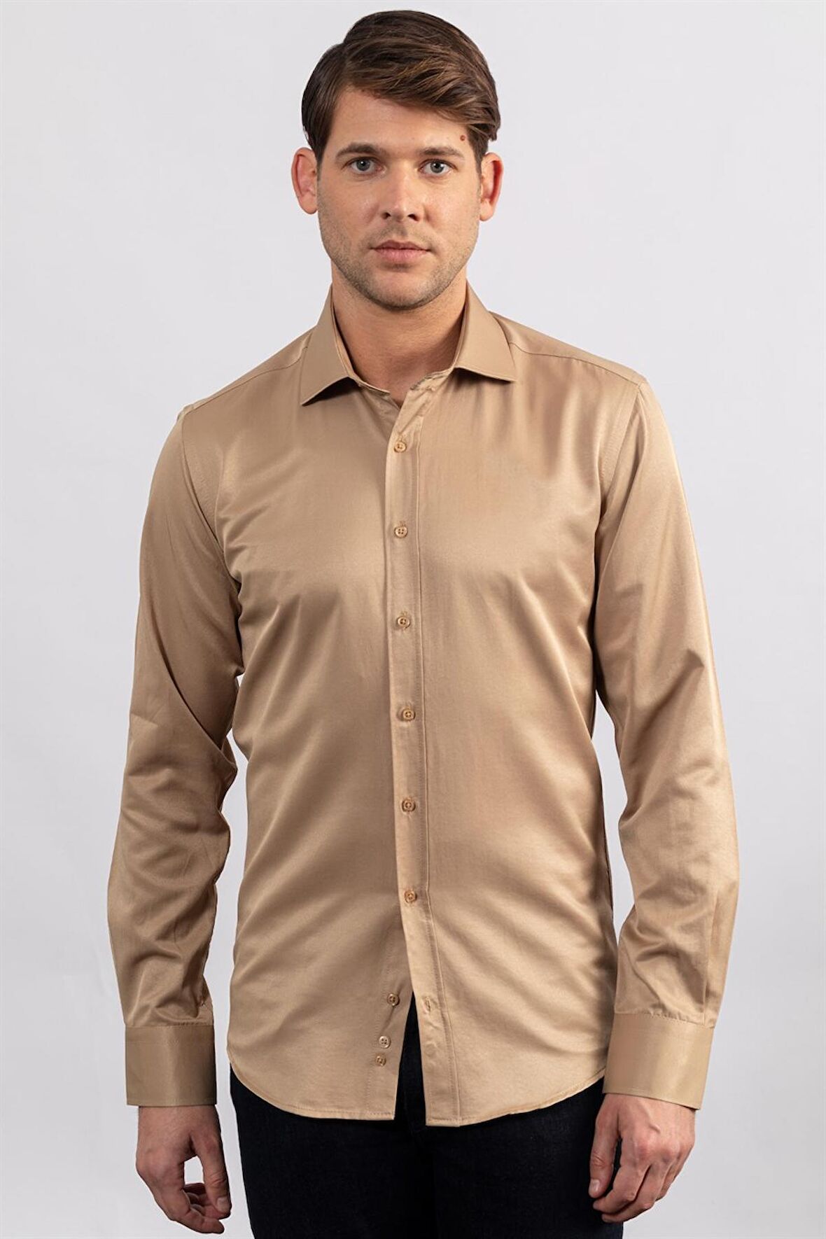 Tudors Modern Slim Fit Düz Saten Erkek Gömlek
