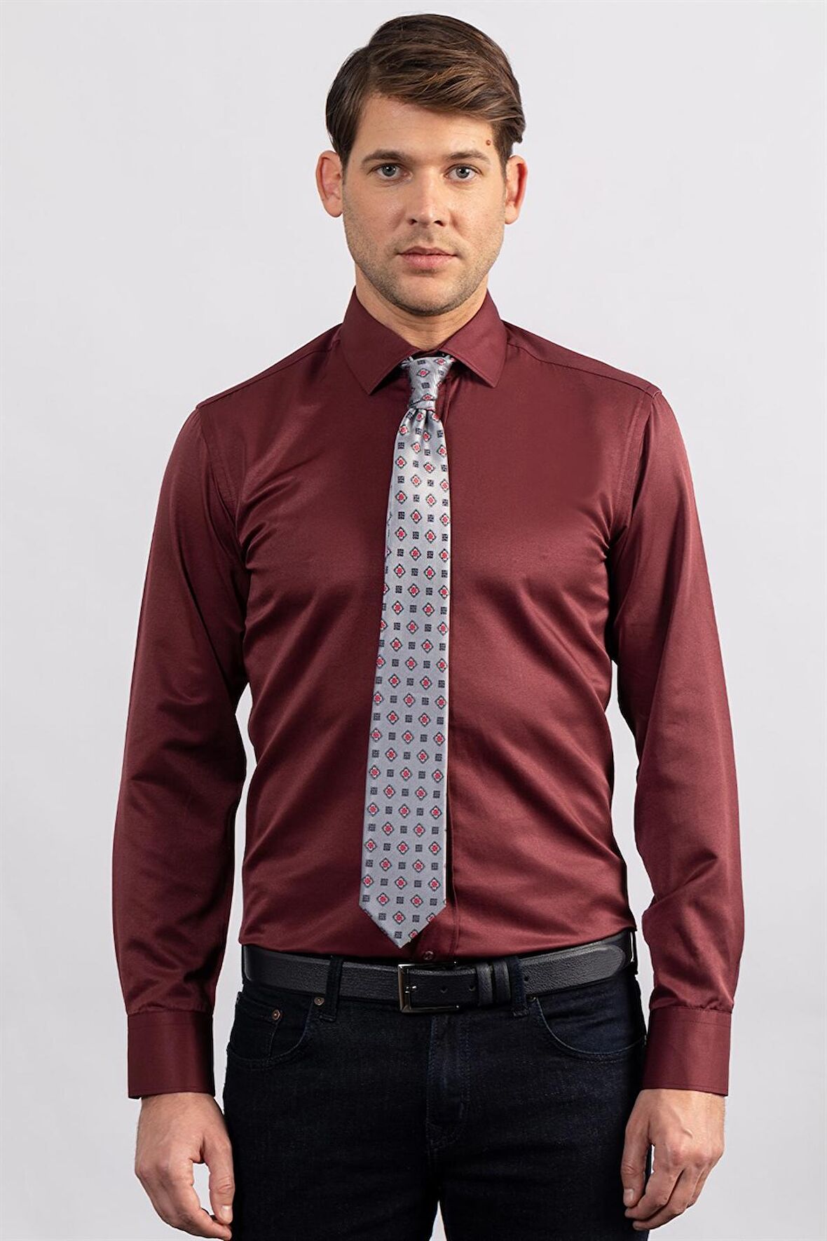 Tudors Modern Slim Fit Düz Saten Erkek Gömlek