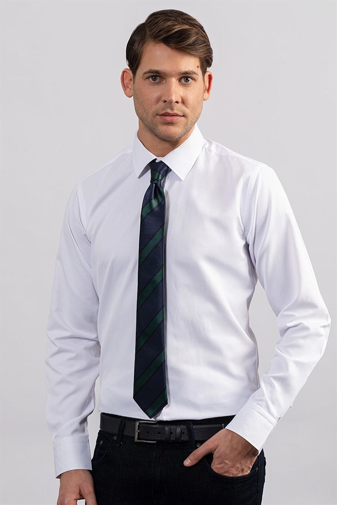 Tudors Modern Slim Fit Kendinden Desenli Düz Beyaz Gömlek