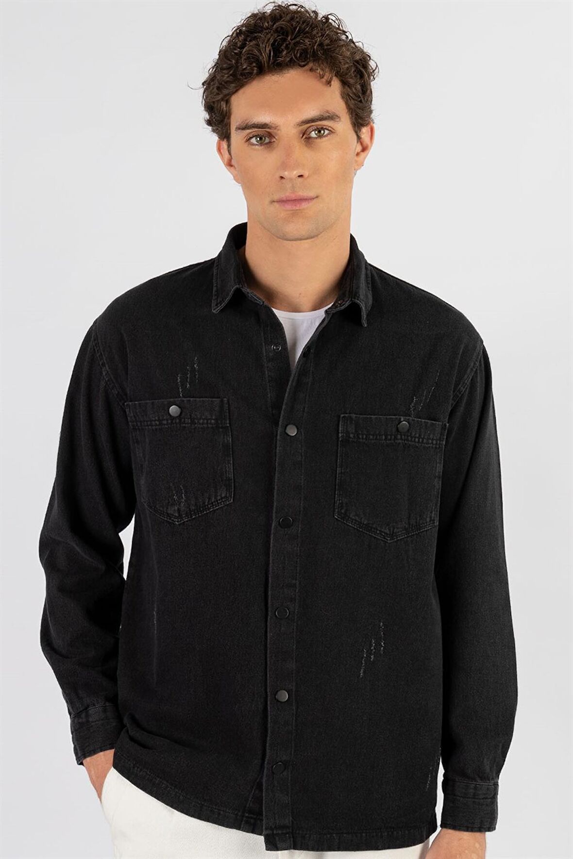 Tudors Relax Fit Rahat Kalıp Uzun Kol  Eskitmeli Siyah Denim Erkek Gömlek
