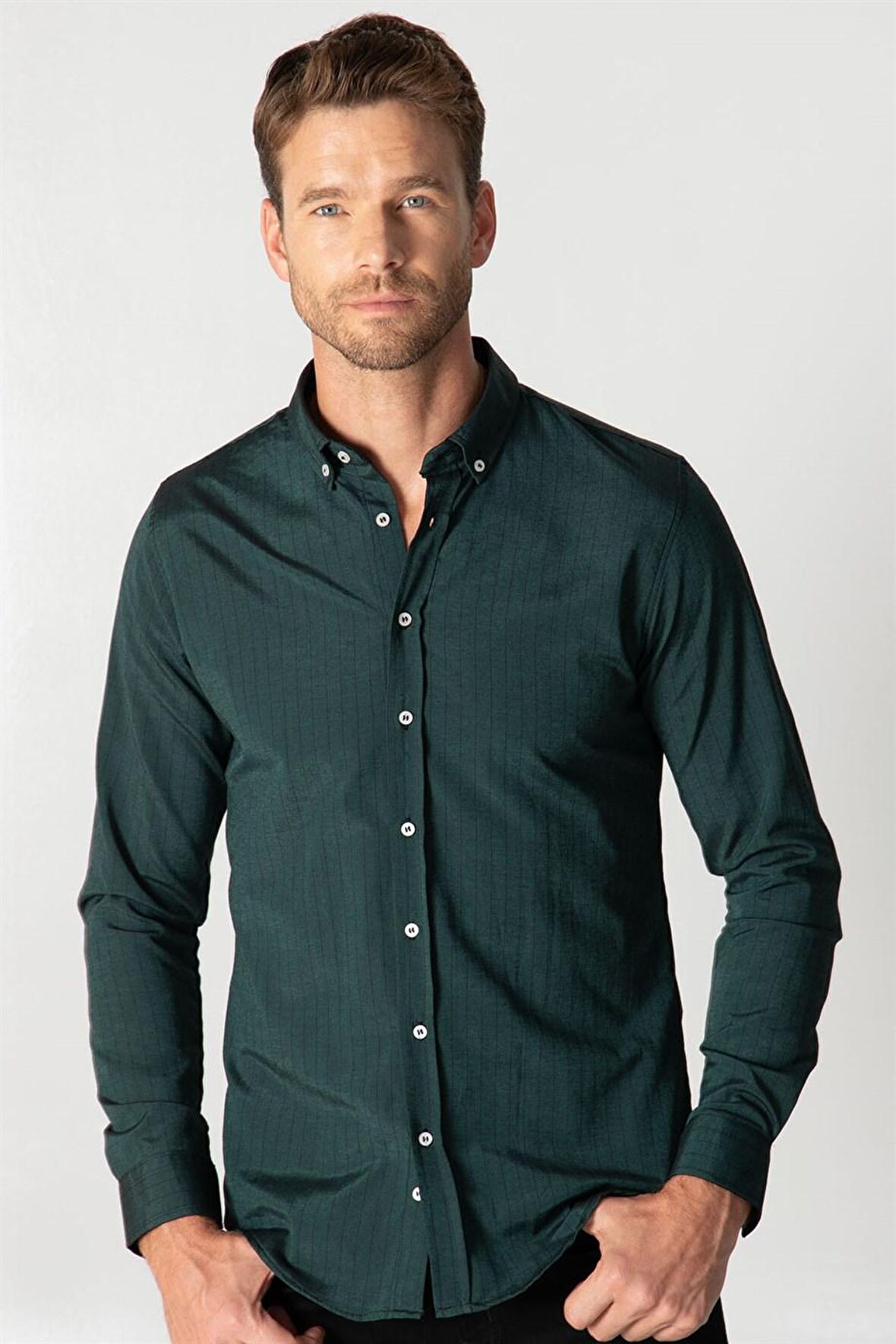 Tudors Slim Fit Uzun Kol Çizgili Spor Yaka Poplin Erkek Gömlek