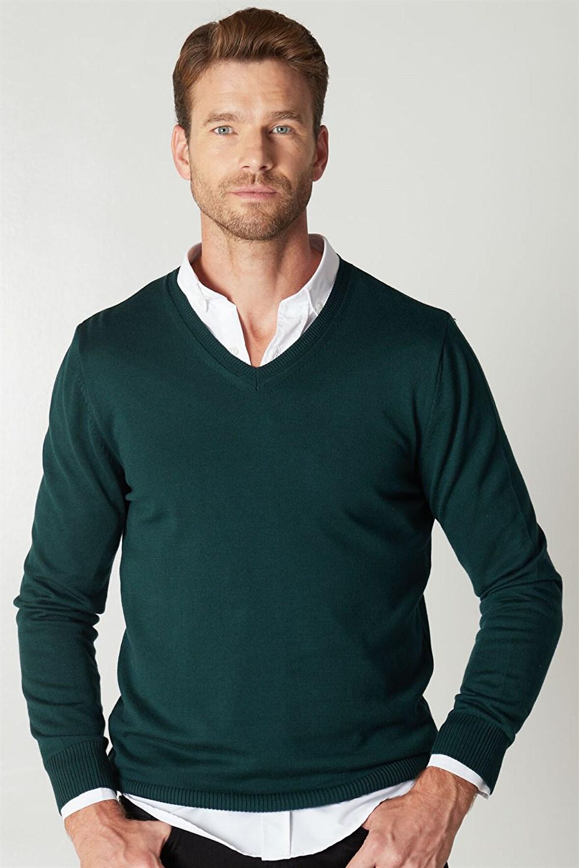 Tudors Slim Fit Dar Kesim V Yaka Pamuklu Erkek Kazak