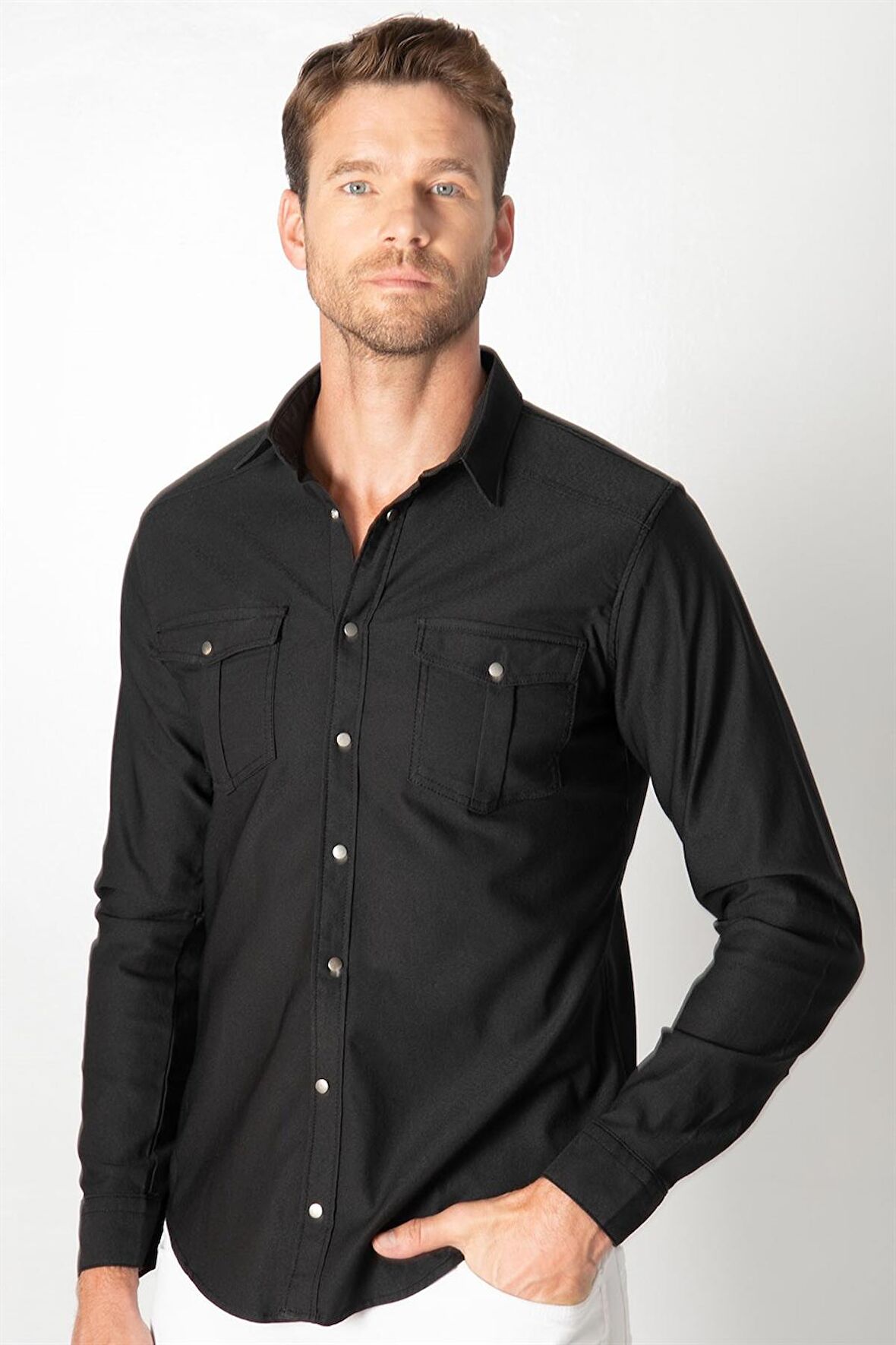 Tudors Slim Fit Dar Kesim Uzun Kol Erkek Kot Gömlek