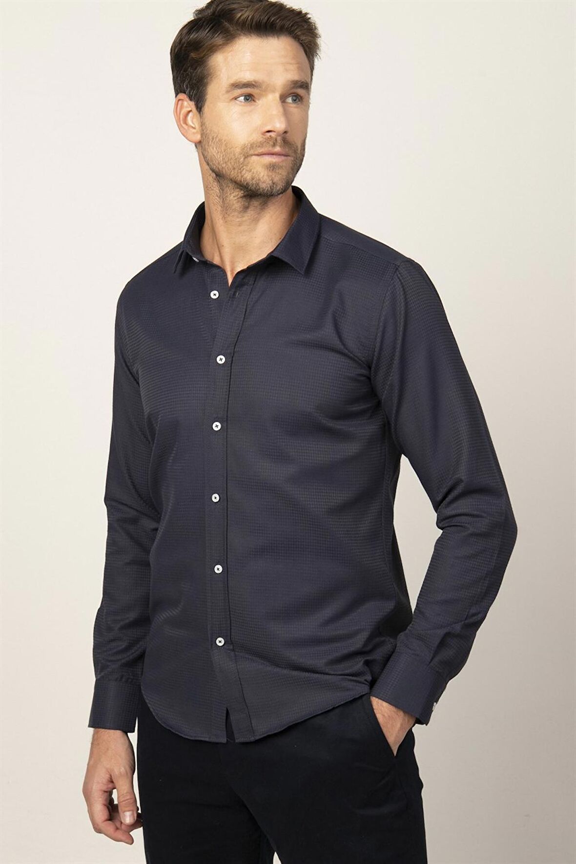 Tudors Modern Fit Uzun Kol Armürlü Kravatlık Erkek Gömlek