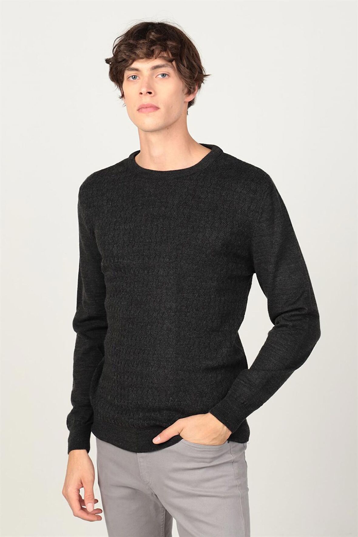 Tudors Slim Fit Dar Kesim Bisiklet Yaka Kendinden Desenli Erkek Kazak